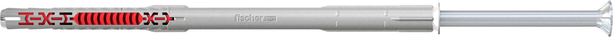 Eine detaillierte Abbildung eines Kunststoff-Wanddübels bestehend aus einem grau und rot segmentierten Körper mit einer ausklappbaren Spitze, mit der Bezeichnung „fischer