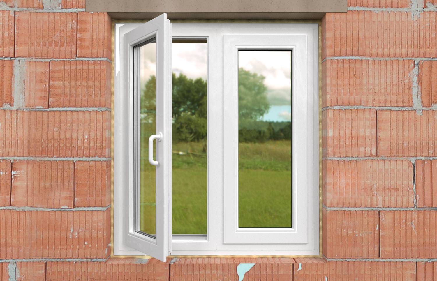 Ein weiß gerahmtes Fenster, leicht geöffnet, in einer roten Backsteinmauer eingelassen, blickt auf ein Grasfeld mit Bäumen in der Ferne unter einem bewölkten Himmel.