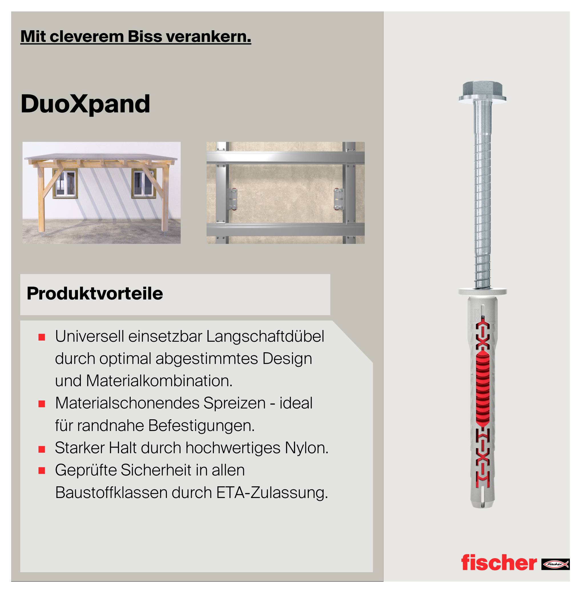 Werbeanzeige für Fischer DuoXpand: Universaldübel mit Holz-/Mauer-Anwendungen; nennt Vorteile wie starken Halt, materialschonendes Spreizen und ETA-Zulassung.