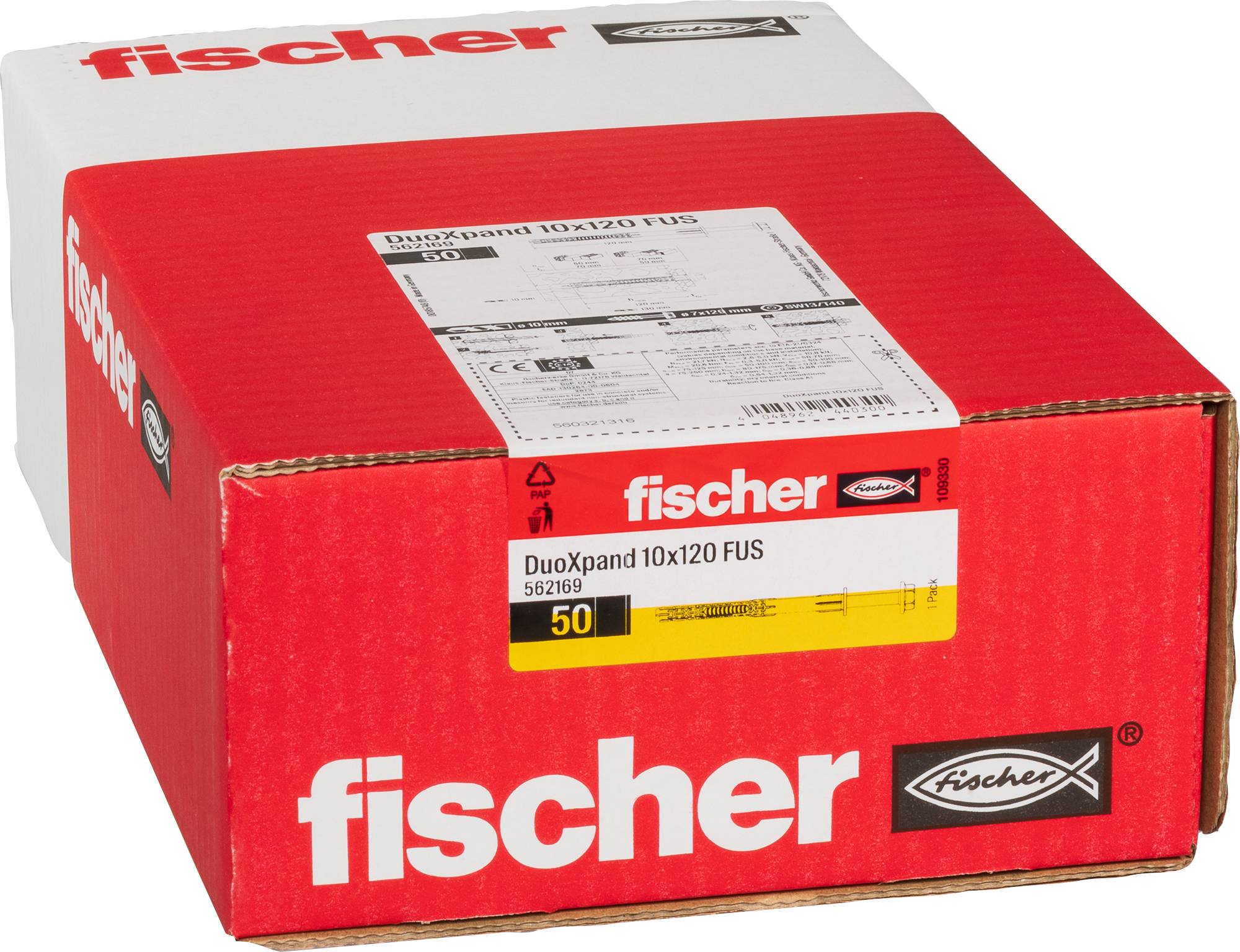 Ein Karton mit rotem und weißem fischer-Branding, mit der Bezeichnung „DuoXpand 10x120 FUS 562160