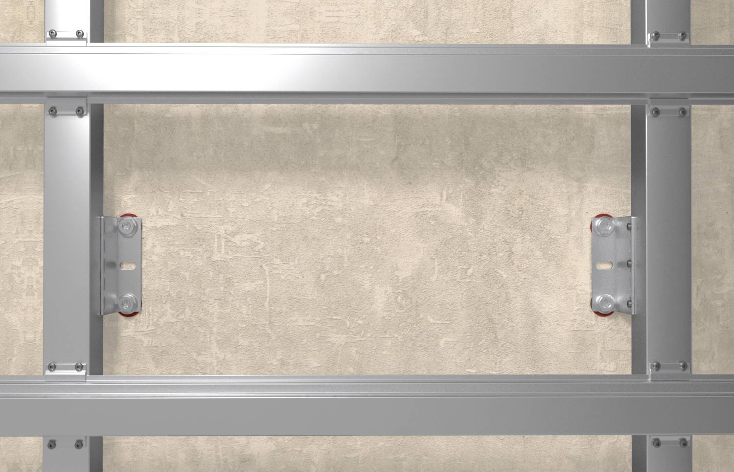 Metallrahmen an einer Wand montiert, zeigt horizontale und vertikale Balken mit Befestigungselementen, wahrscheinlich für die Baukonstruktion.