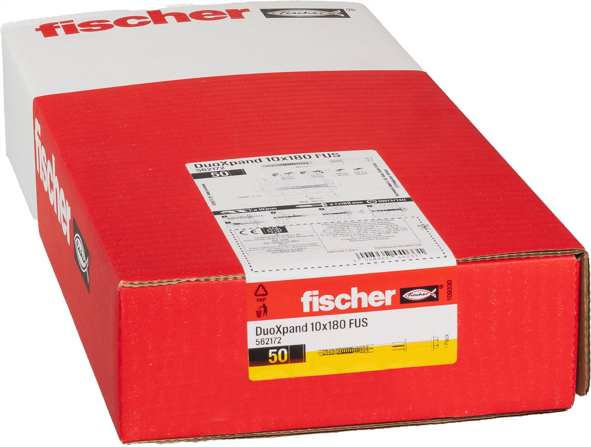 'Fischer DuoXpand 10x180 FUS' Schachtel mit rot-weißer Verpackung, Produktkennzeichnung und sichtbaren Produktdetails.