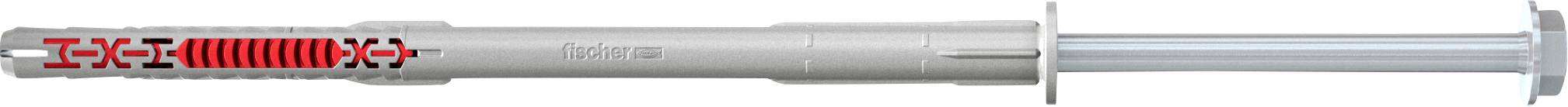 Ein Bild eines Fischer DuoPower Wandsteckers mit roten Expansionssegmenten und grauem Kern, entwickelt für sichere Befestigung in mehreren Untergründen.