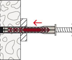 Diagramm einer Schraub­dübel­anlage, die in eine Wand eingebaut wird und zeigt, wie sich der Dübel in der Wand ausdehnt, mit einem Pfeil, der die Kraftrichtung anzeigt.