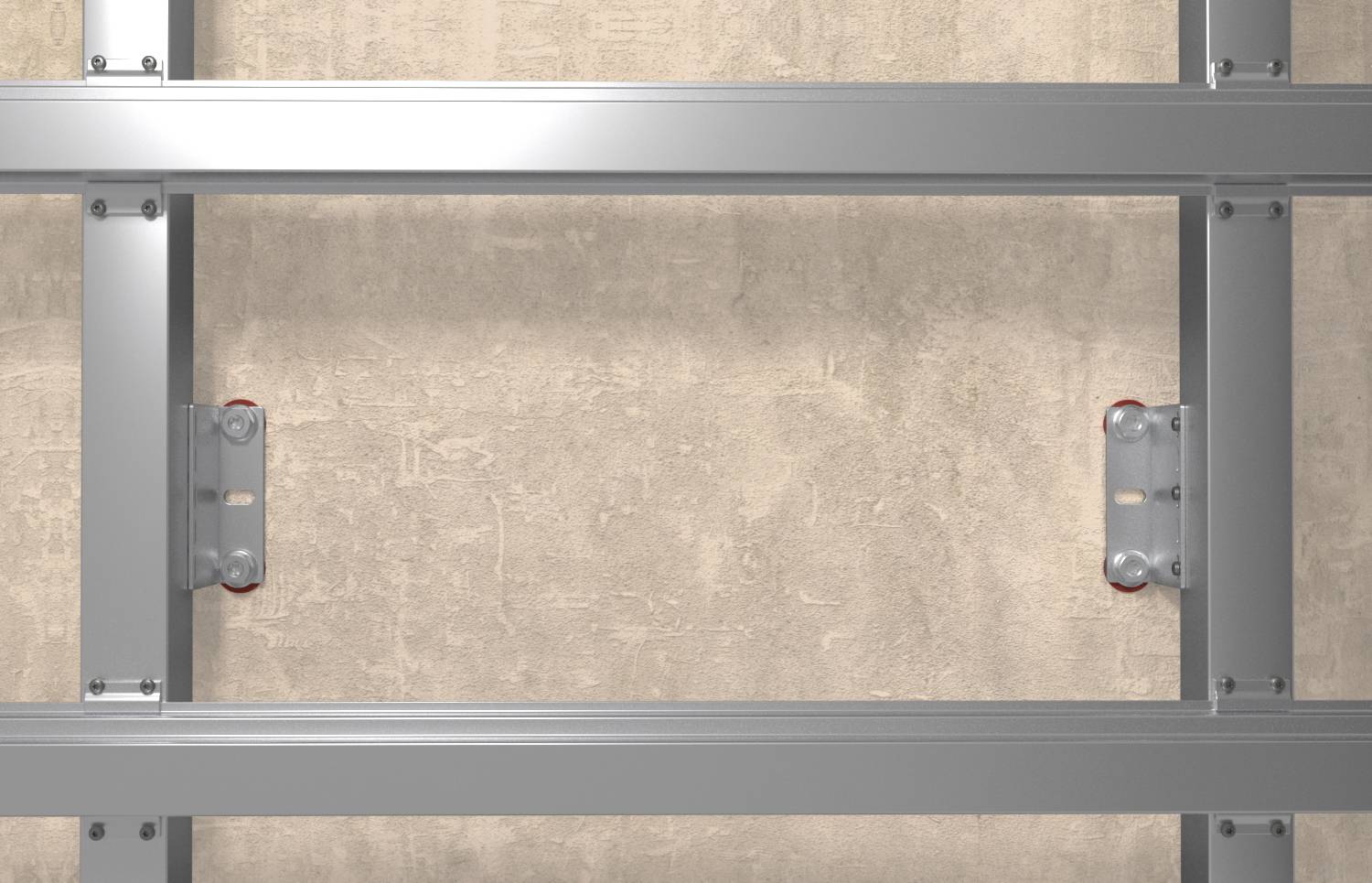 Metallwandrahmung mit vertikalen und horizontalen Trägern, die durch Klammern verbunden sind, vor einem strukturierten beigen Hintergrund.
