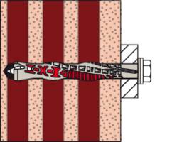 Querschnittdiagramm einer in eine Wand eingedrehten Schraube mit einem roten Expansionsdübel im Inneren. Der Dübel dehnt sich aus, wenn die Schraube festgezogen wird.
