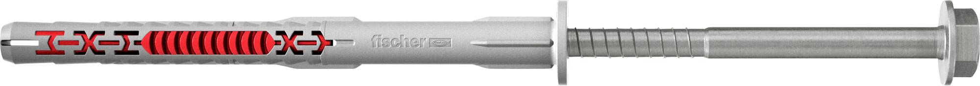 Ein rot-grauer Wandstecker und eine metallische Schraube nebeneinander abgebildet, verwendet zum Befestigen von Befestigungen an Wänden.