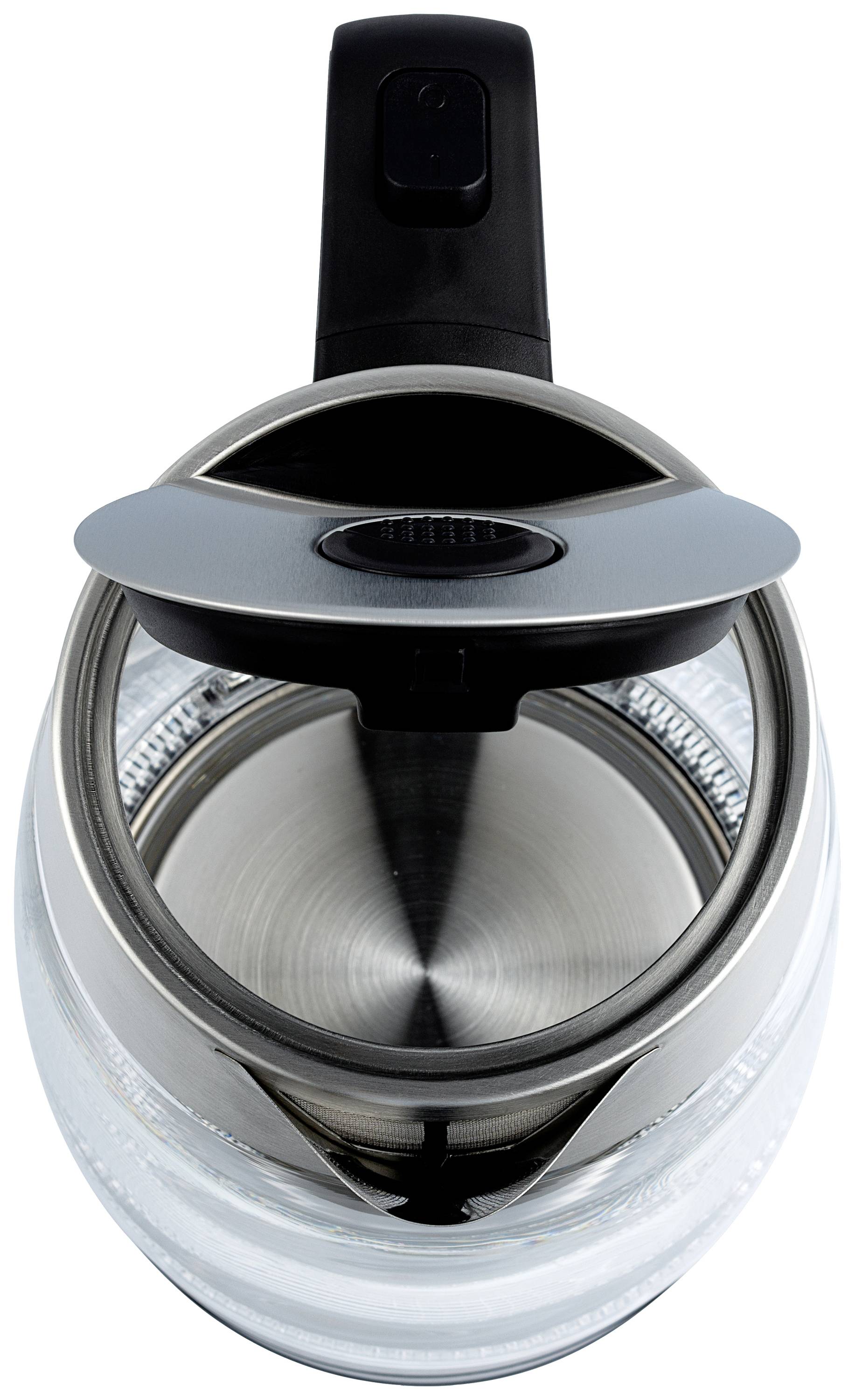 Elektrischer Wasserkocher, Top-Ansicht, mit offenem Deckel und Glasgehäuse. Heizspirale und Ein-/Aus-Schalter sichtbar.