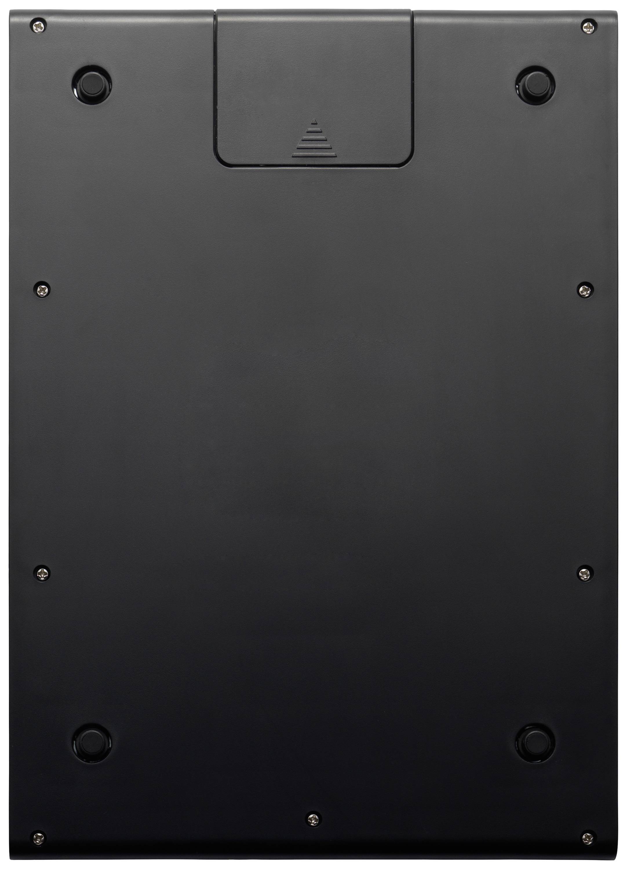 Rückseite eines schwarzen elektronischen Geräts mit mehreren Schrauben und einer kleinen Zugangsklappe oben.