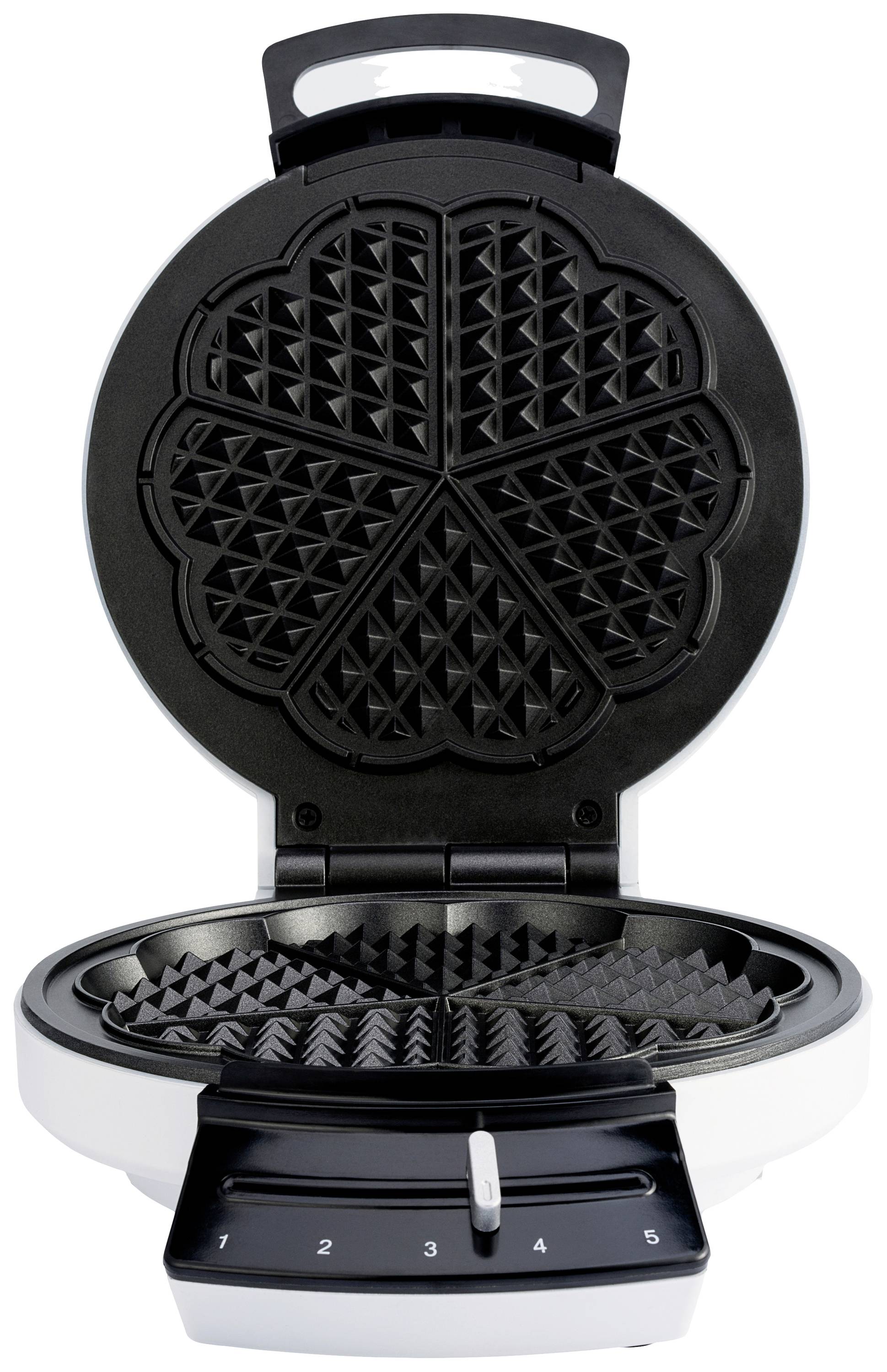 Ein geöffneter, herzförmiger Waffeleisen mit schwarzen Antihaftplatten und einer Temperaturskala von 1 bis 5 an der Vorderseite.