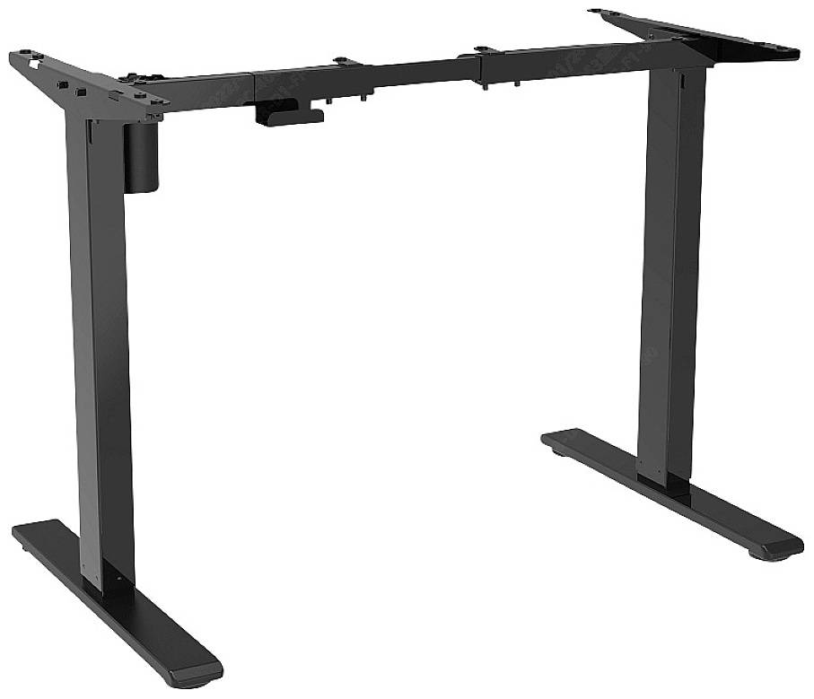 Höhenverstellbares Schreibtischgestell aus schwarzem Metall, ohne Tischplatte. Stabil und funktional für ergonomisches Arbeiten.