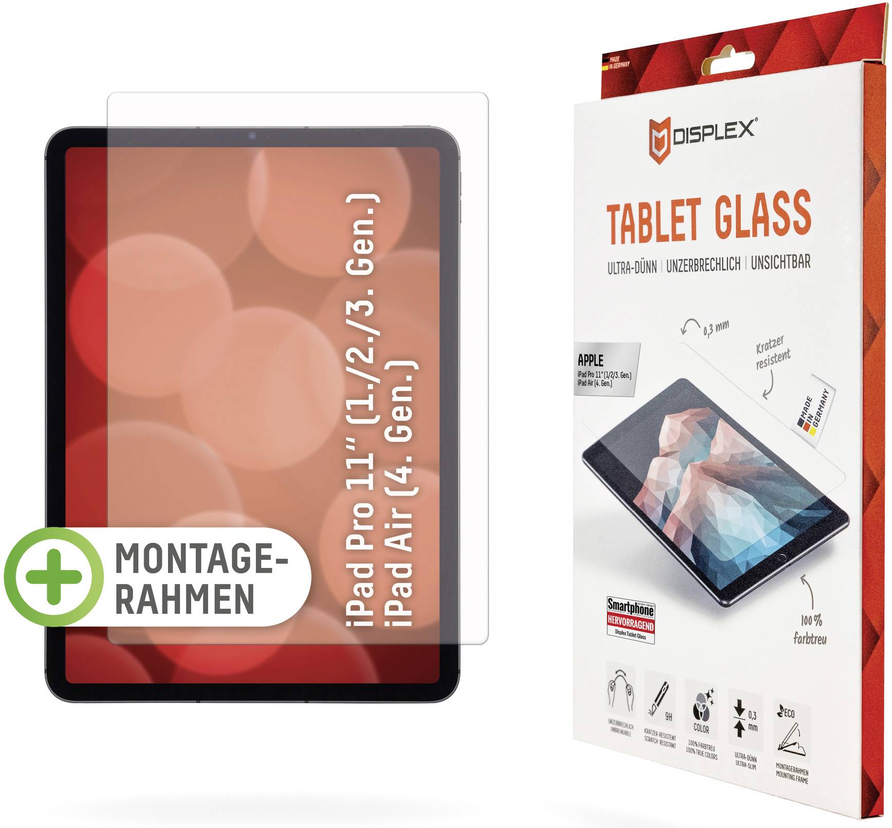 Displayschutzglas für iPad Pro 11'' (1./2./3. Gen.) und iPad Air (4. Gen.) mit Montagerahmen, verpackt in Displex-Box.