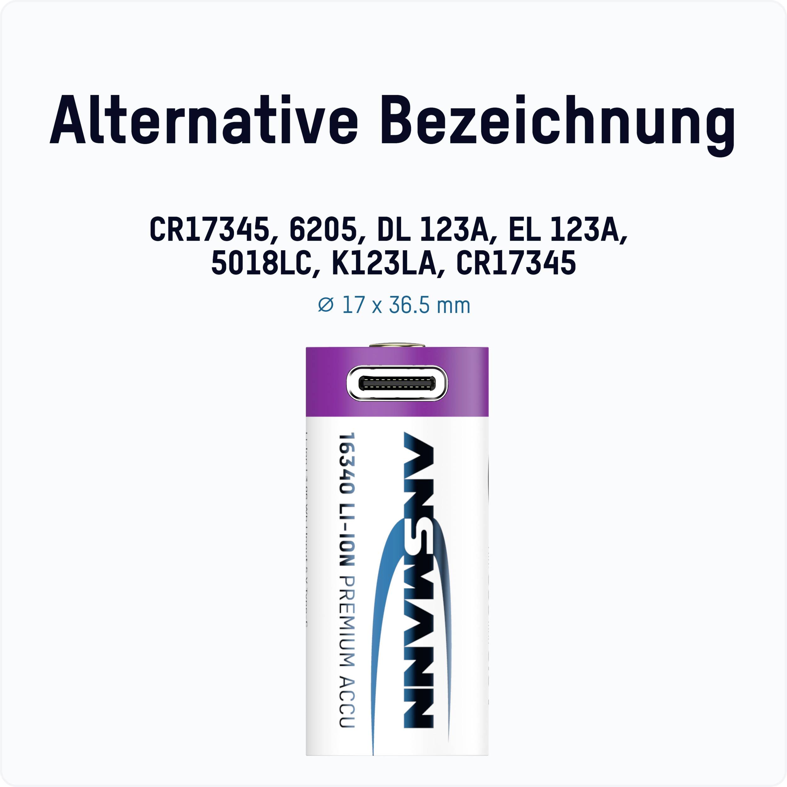'Alternative Bezeichnung: CR17345, 6205, DL 123A, EL 123A, 5018LC, K123LA, CR17345. Ø 17 x 36.5 mm' steht über einem Li-Ion-Akku.
