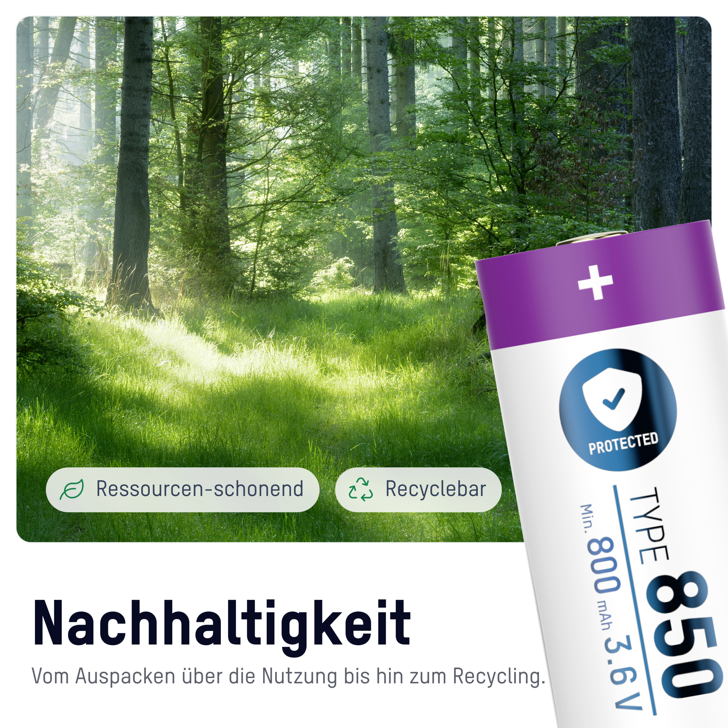 Ein Wald mit Sonnenlicht. Text: 'Ressourcen-schonend, Recyclebar'. Infotext: 'Nachhaltigkeit - Vom Auspacken über die Nutzung bis hin zum Recycling.'