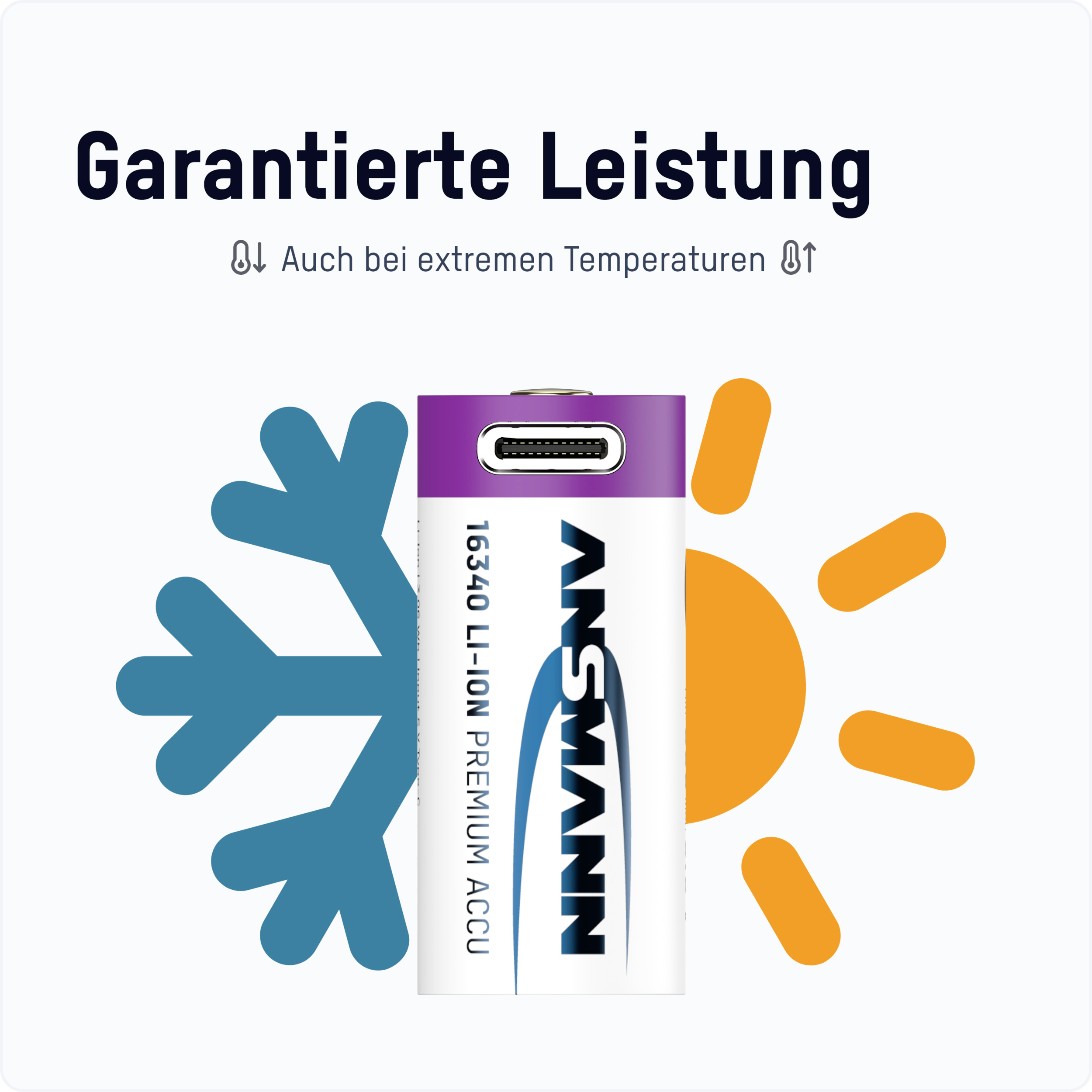 '16 340 Li-Ion Akku' neben Schneeflocke und Sonne. Text darüber sagt 'Garantierte Leistung auch bei extremen Temperaturen'.