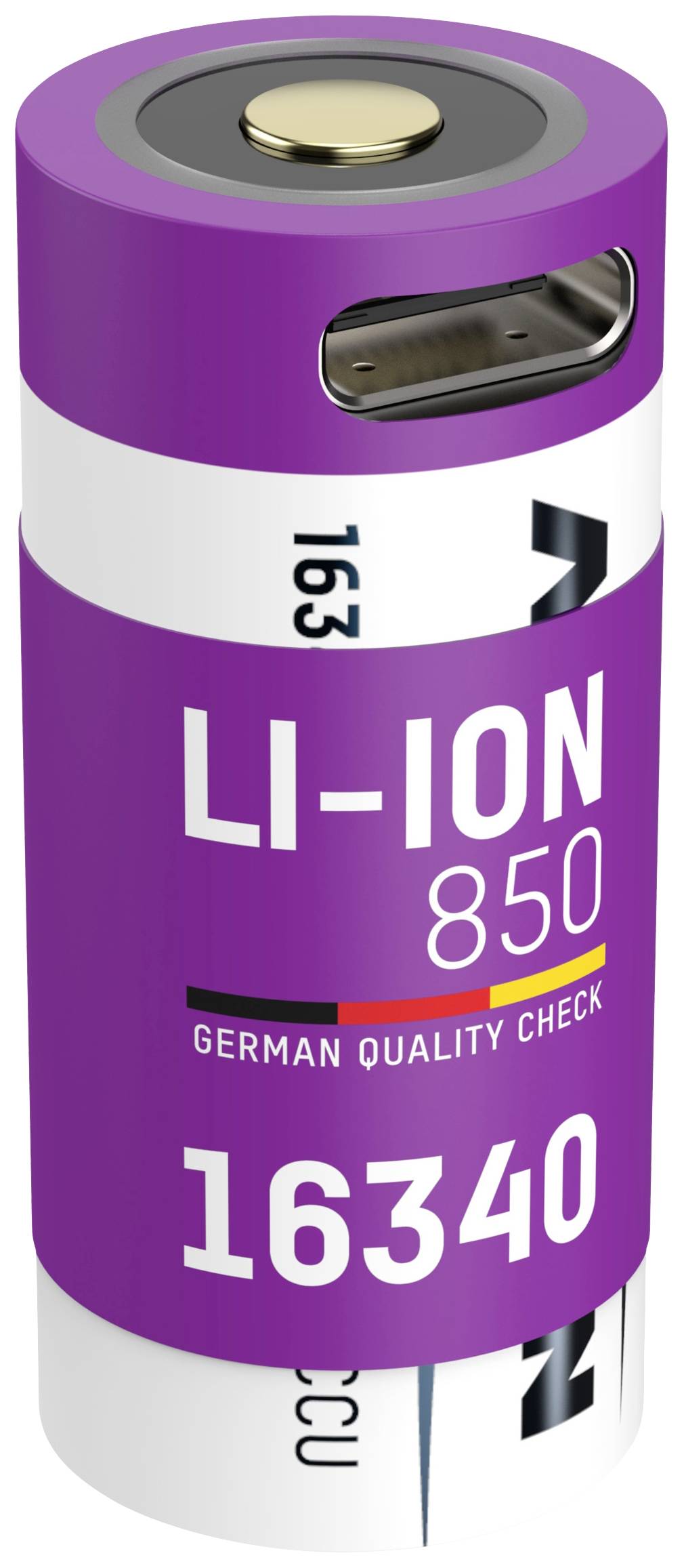 Lithium-Ionen-Batterie mit der Aufschrift 'LI-ION 850 German Quality Check 16340' in lila und weiß.