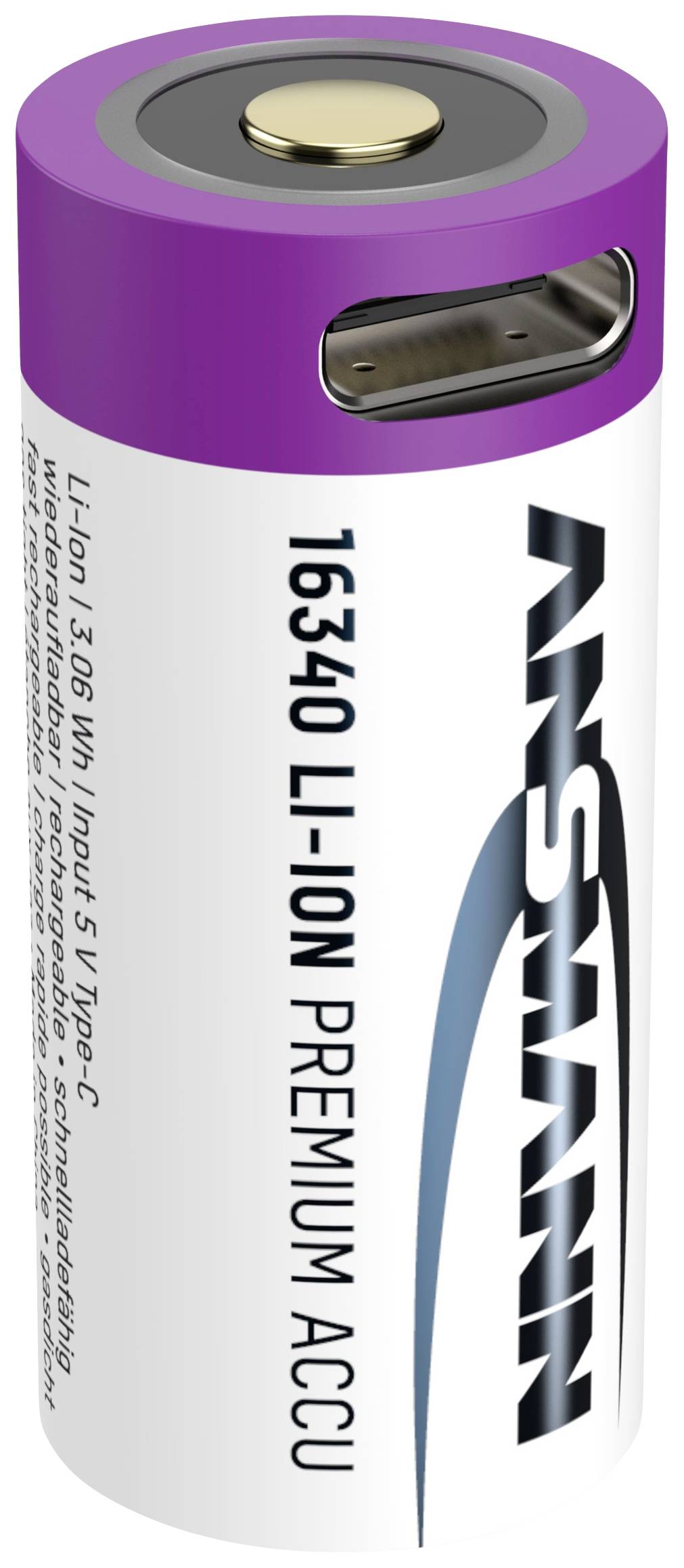 Lila-weiße Li-Ion-Batterie mit Typ-C-Anschluss, beschriftet mit '16340 3,6V Li-Ion Premium Akku' und zusätzlichem Text auf der Seite.