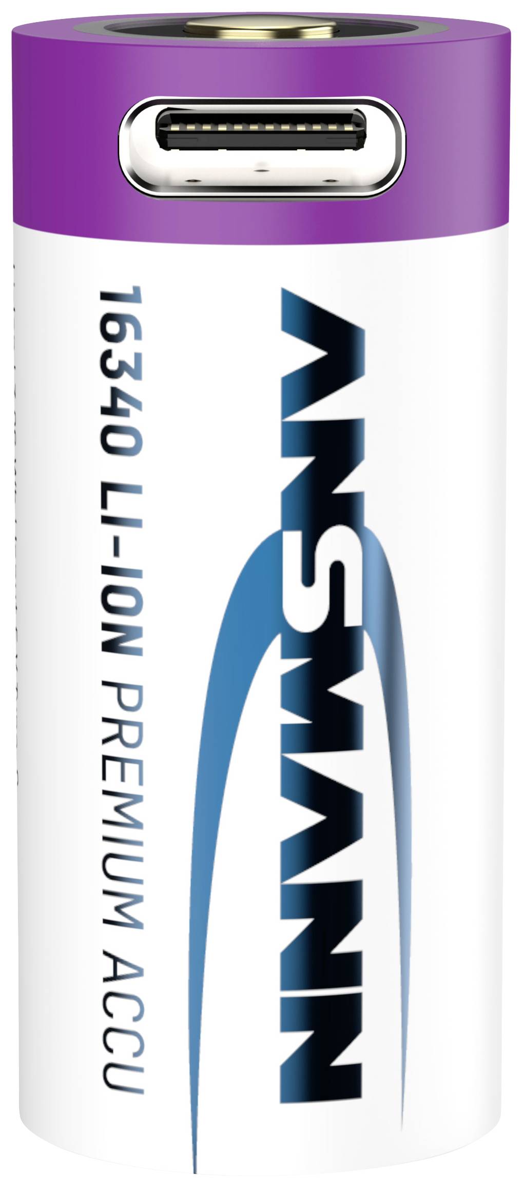 Lithium-Ionen-Batterie Typ 16340 von Ansmann mit violetter Oberseite und 'Li-Ion Premium Accu' Aufschrift.