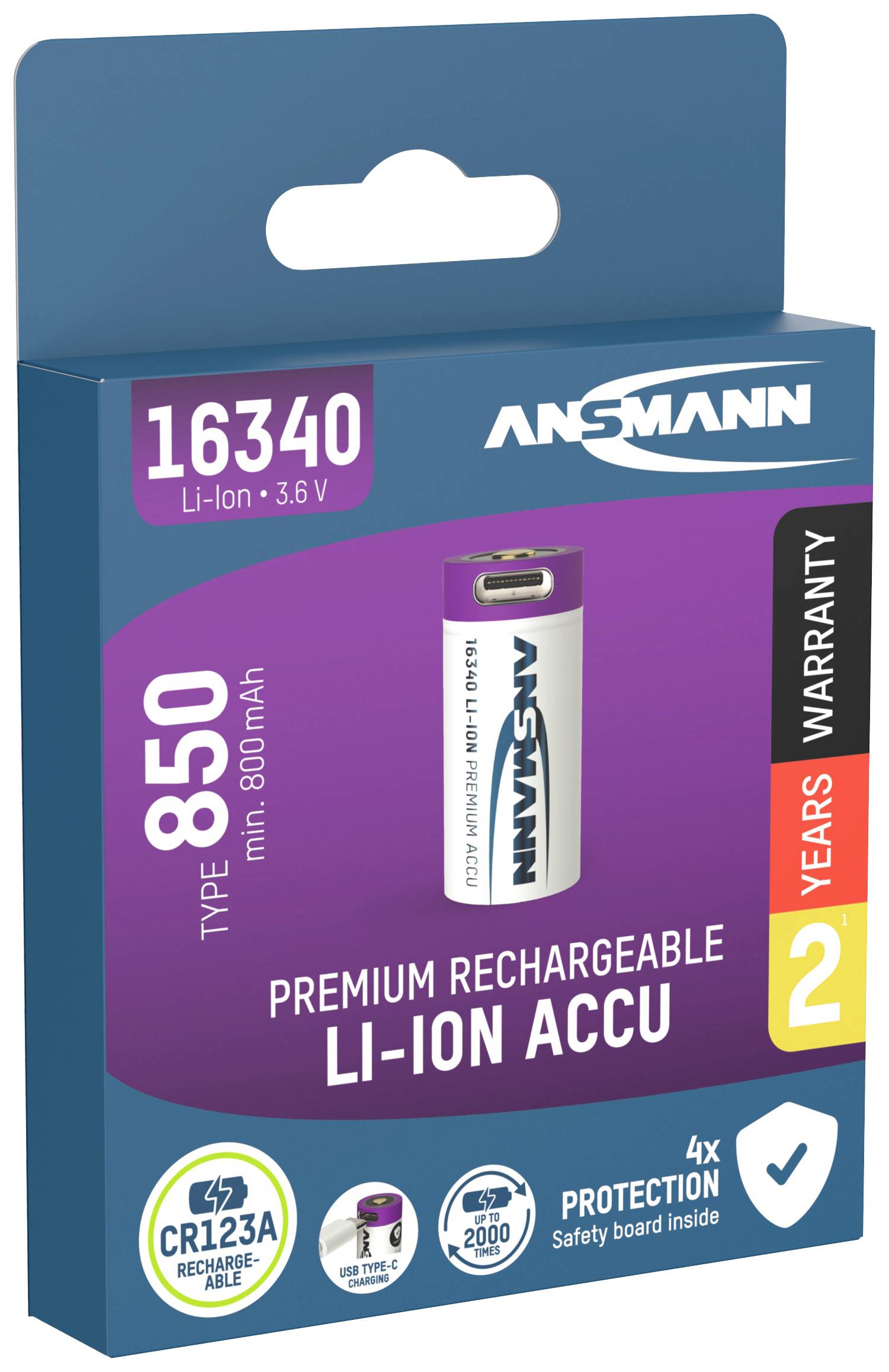 Verpackung einer wiederaufladbaren Ansmann 16340 Li-Ion-Batterie. Kapazität: 850 mAh. Zwei Jahre Garantie. 3.6 Volt.