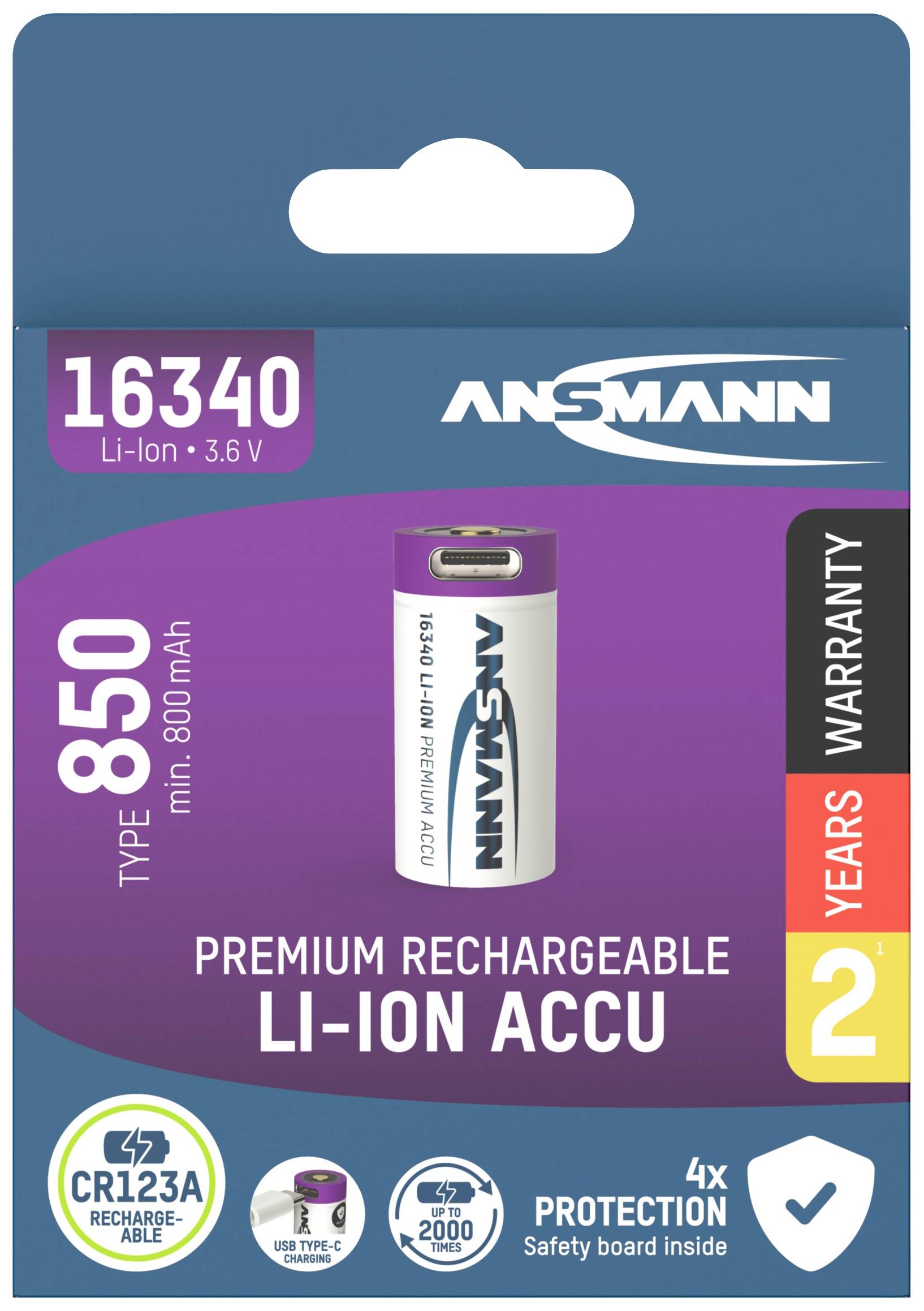 Ansmann 16340 Li-Ion Akku, 850 mAh, 3,6 V, wiederaufladbar, 2 Jahre Garantie, Schutz durch Sicherheitsplatine, CR123A kompatibel.