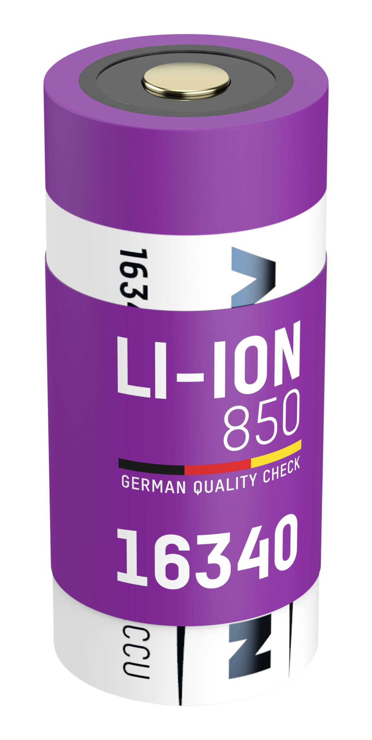 Lila Lithium-Ionen-Batterie mit der Aufschrift 'LI-ION 850' und 'German Quality Check', Modellnummer 16340.