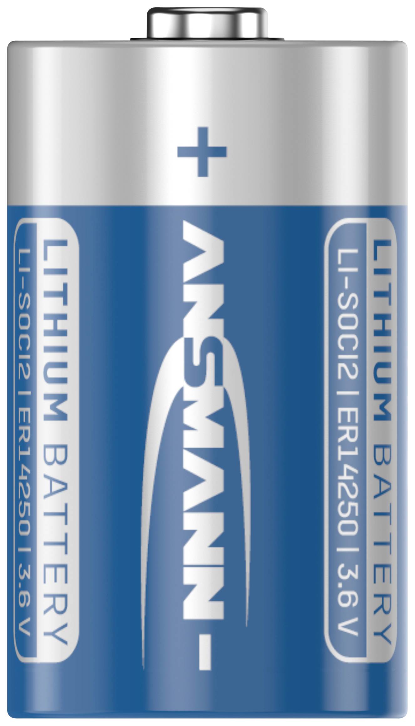 Eine blaue Lithium-Batterie mit der Aufschrift 'Lithium Battery'. Die Marke ist vertikal in der Mitte abgebildet.