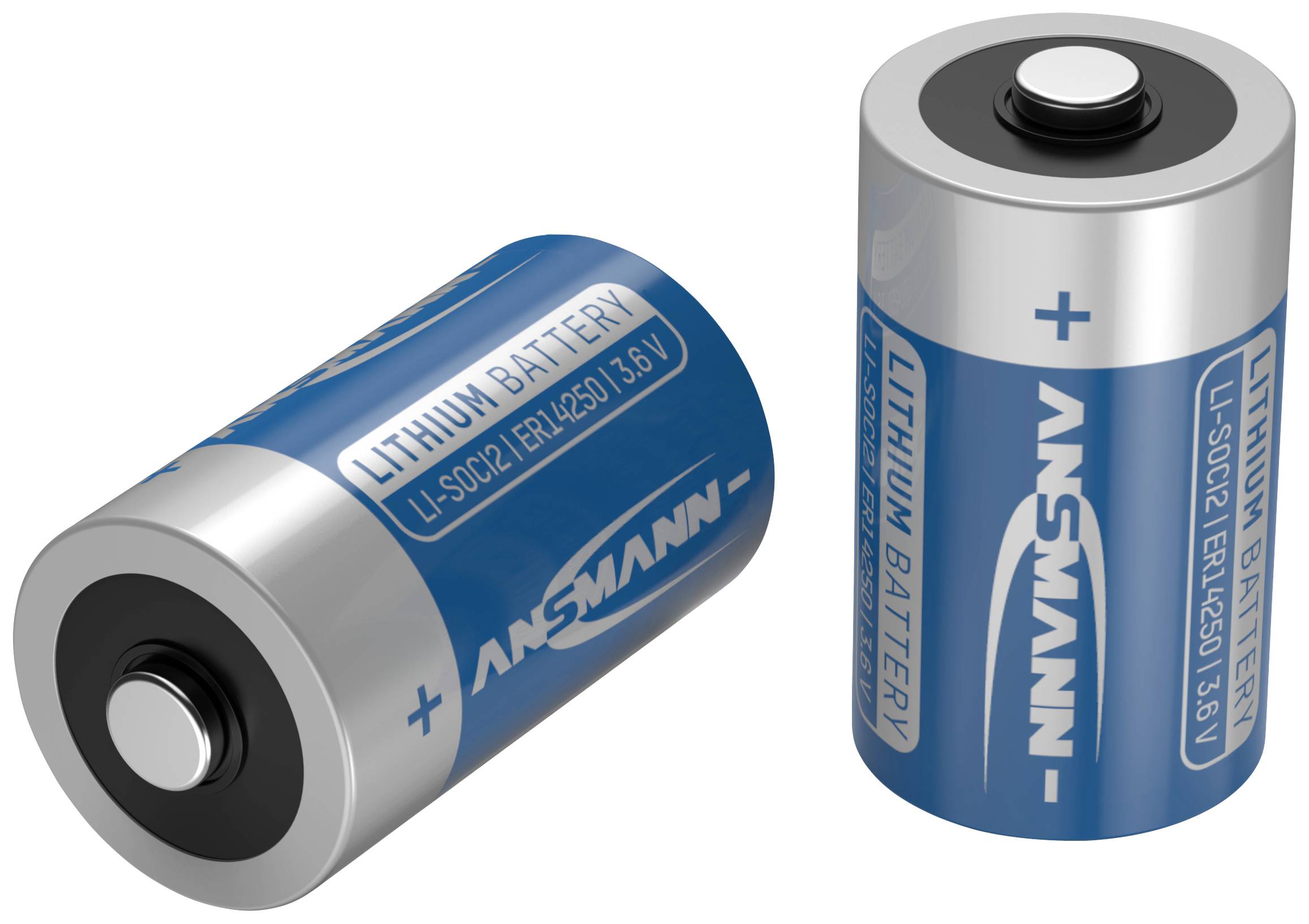 Zwei blaue Lithium-Batterien der Marke im Bild. Eine steht aufrecht, die andere liegt. Beide tragen die Aufschrift 'Lithium Battery'.