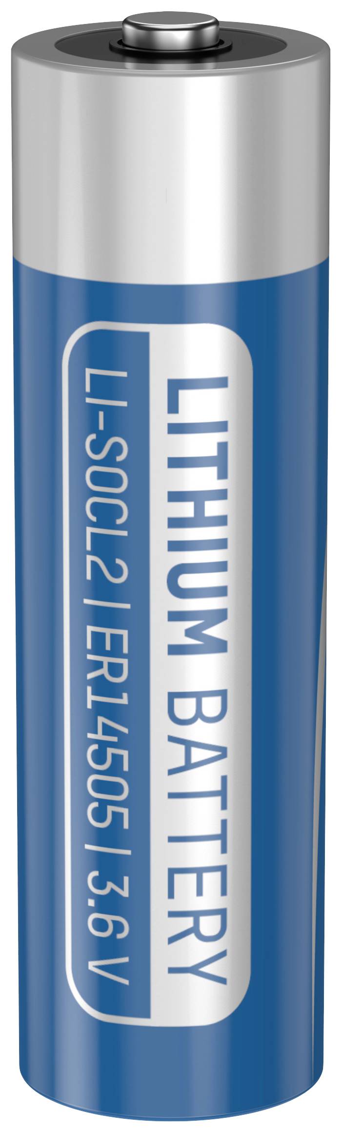 Eine blaue Lithium-Batterie mit der Beschriftung 'Lithium Battery LI-SOCL2 ER14505 3.6V'. Oben ist die Batteriekappe sichtbar.