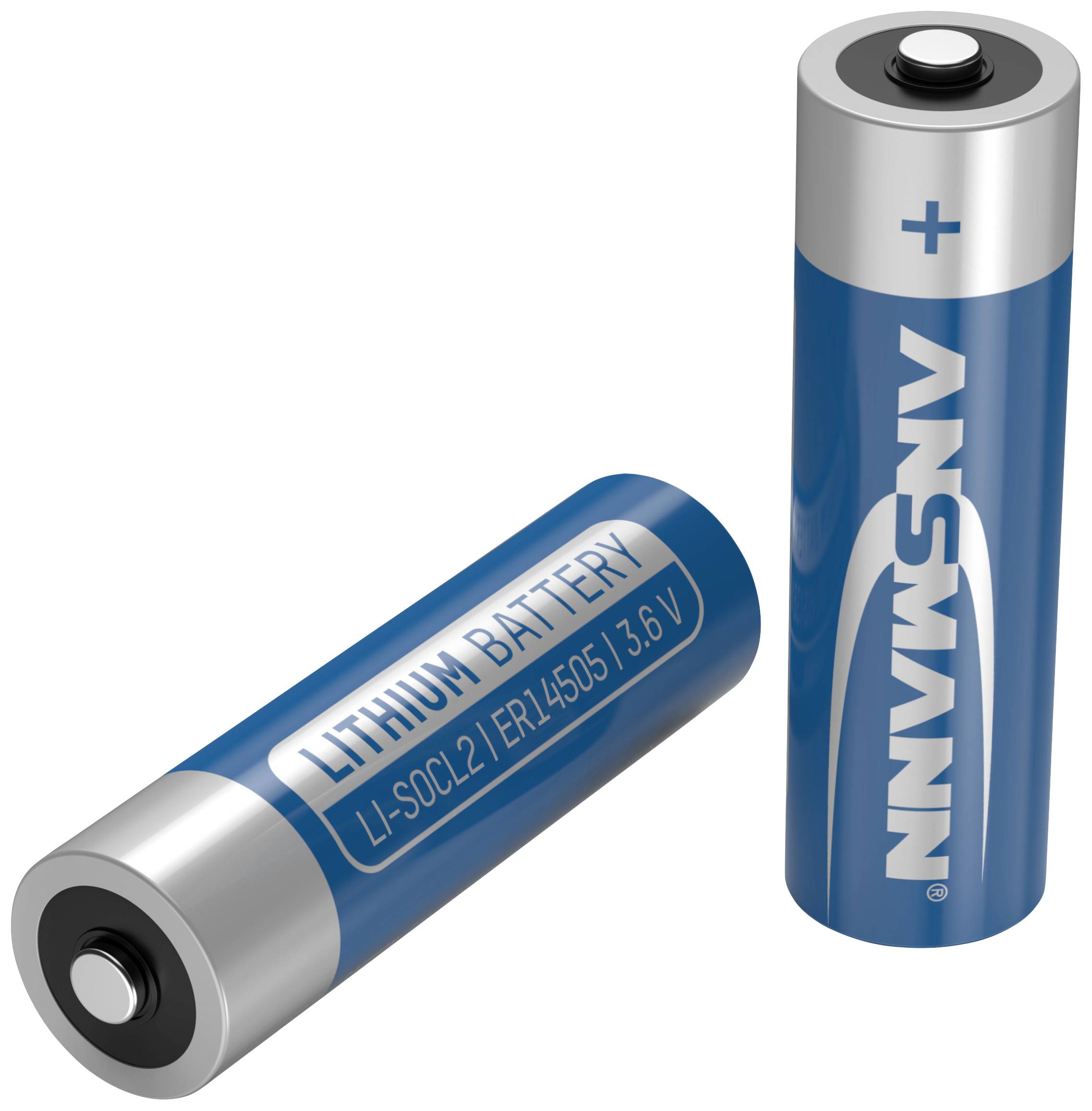 Zwei blaue Lithium-Batterien mit der Aufschrift 'Lithium Battery 3.6V'. Eine Batterie steht aufrecht, die andere liegt flach daneben.