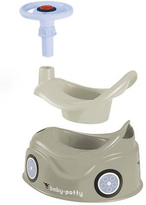 Ein beigefarbenes Baby-Töpfchen in Form eines Autos mit einem abnehmbaren Sitz und einem blauen Lenkrad mit rotem Knopf.