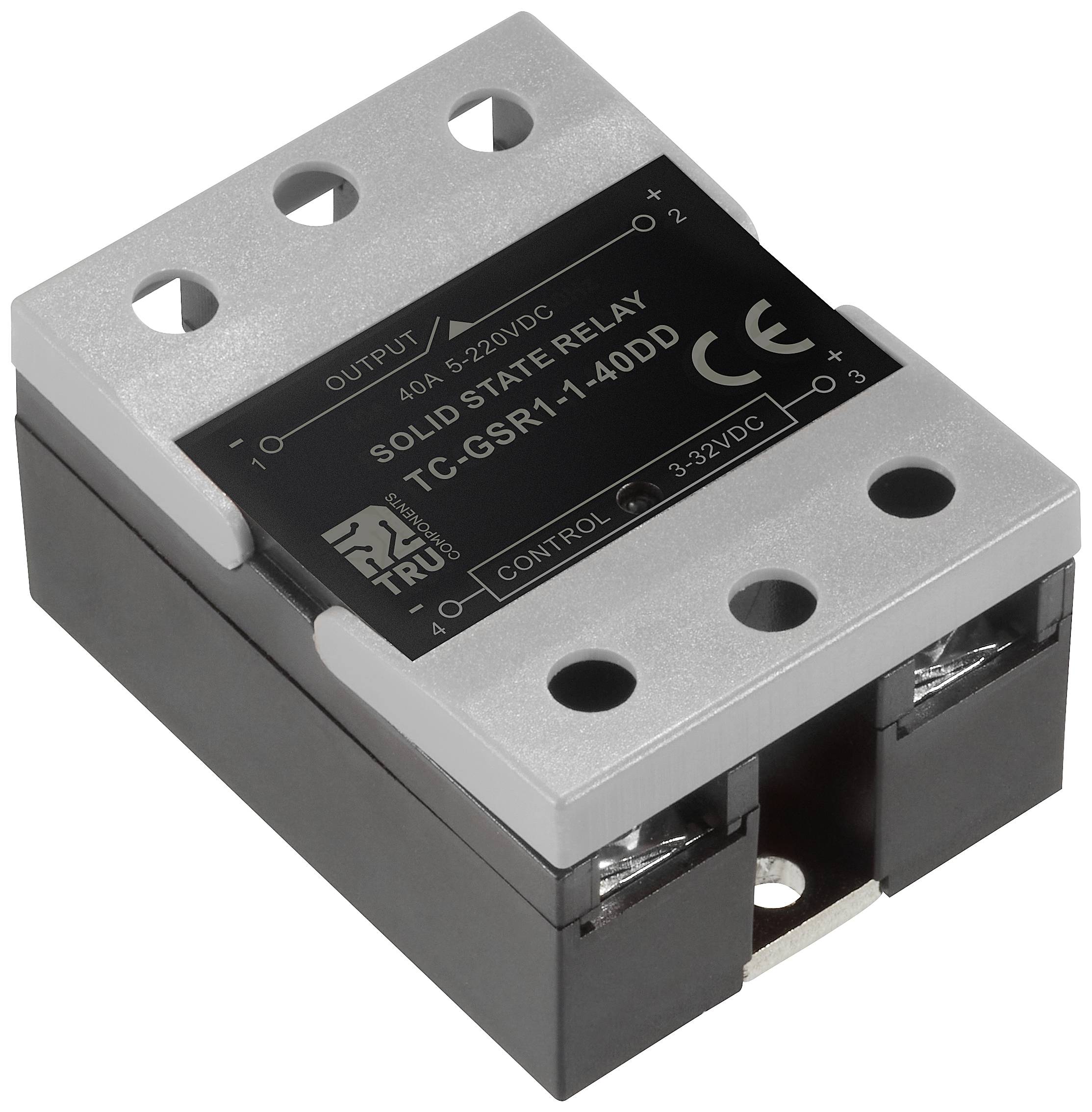 Graues und schwarzes Solid-State-Relais mit Beschriftung: 40A, 3-32VDC, CE-Zertifizierung.