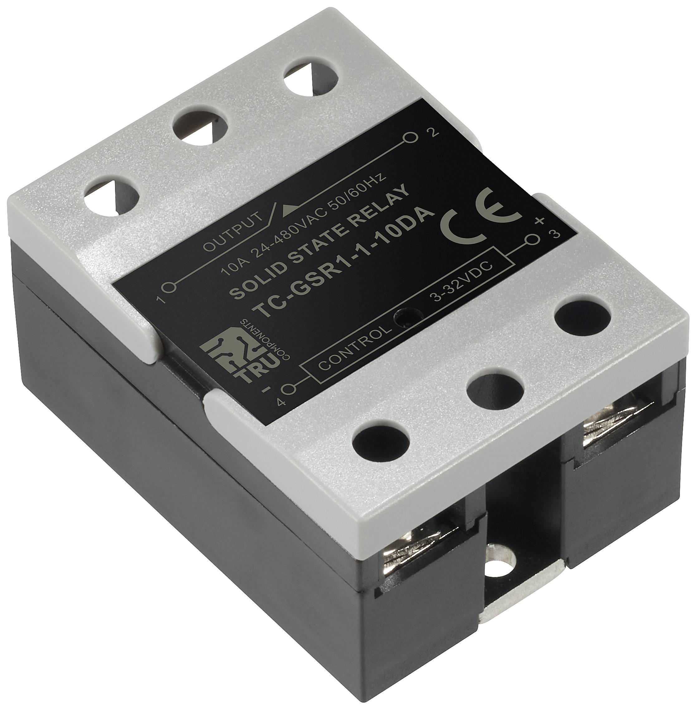 Ein Solid-State-Relais mit einer Kapazität von 10A bei 24-480V AC und 3-32V DC Steuerbereich. Es hat ein CE-Kennzeichen.