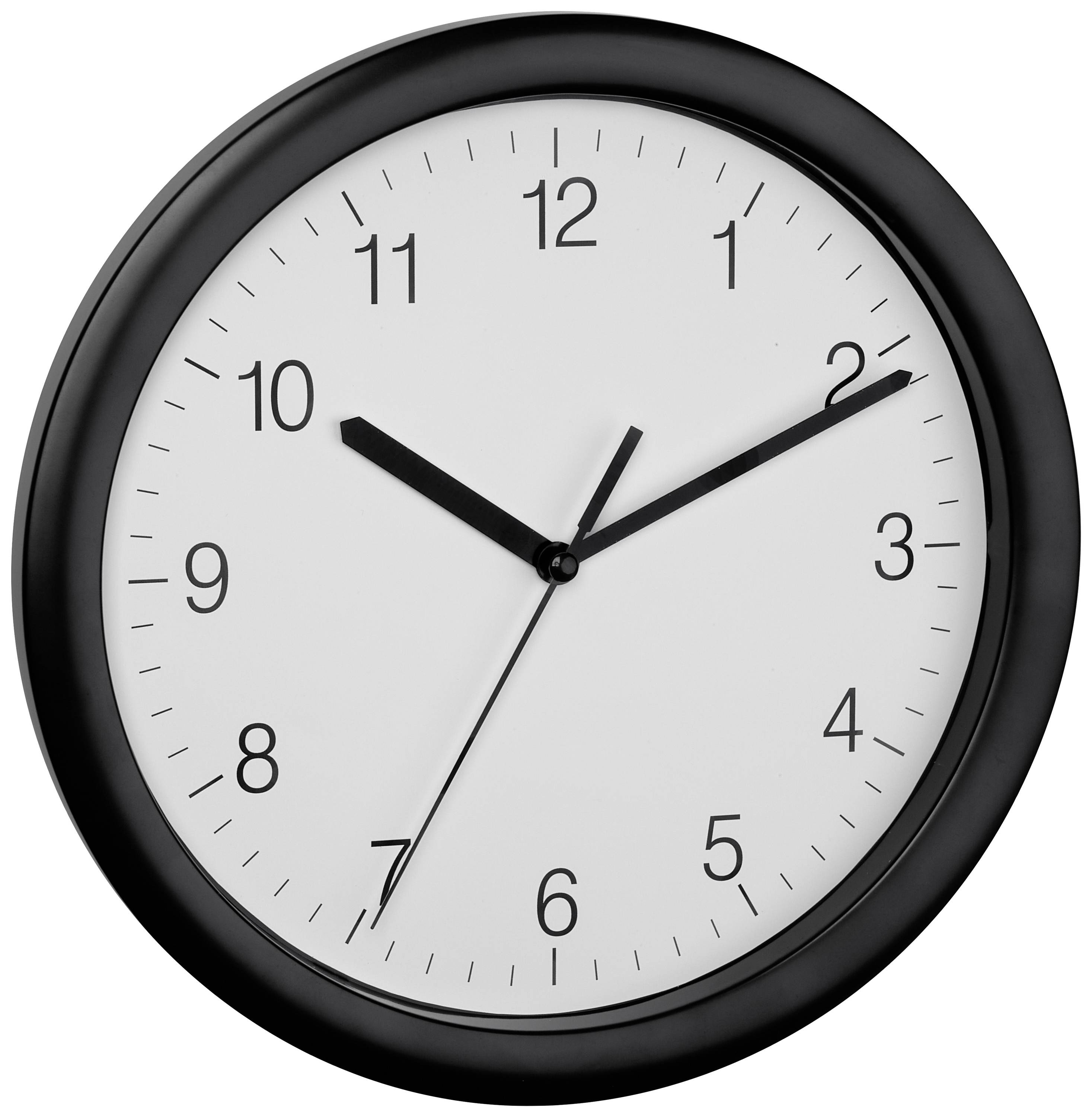 Analoge Wanduhr mit schwarzem Rahmen und weißen Zifferblatt zeigt 10:10 Uhr.