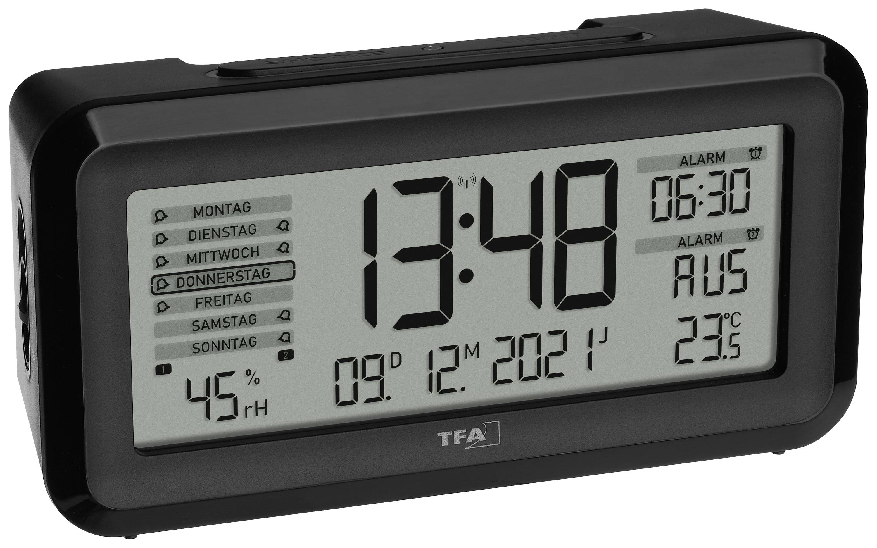 TFA Dostmann 60.2562.01 Funk Wecker Schwarz, Silber Alarmzeiten 2 Großes Display