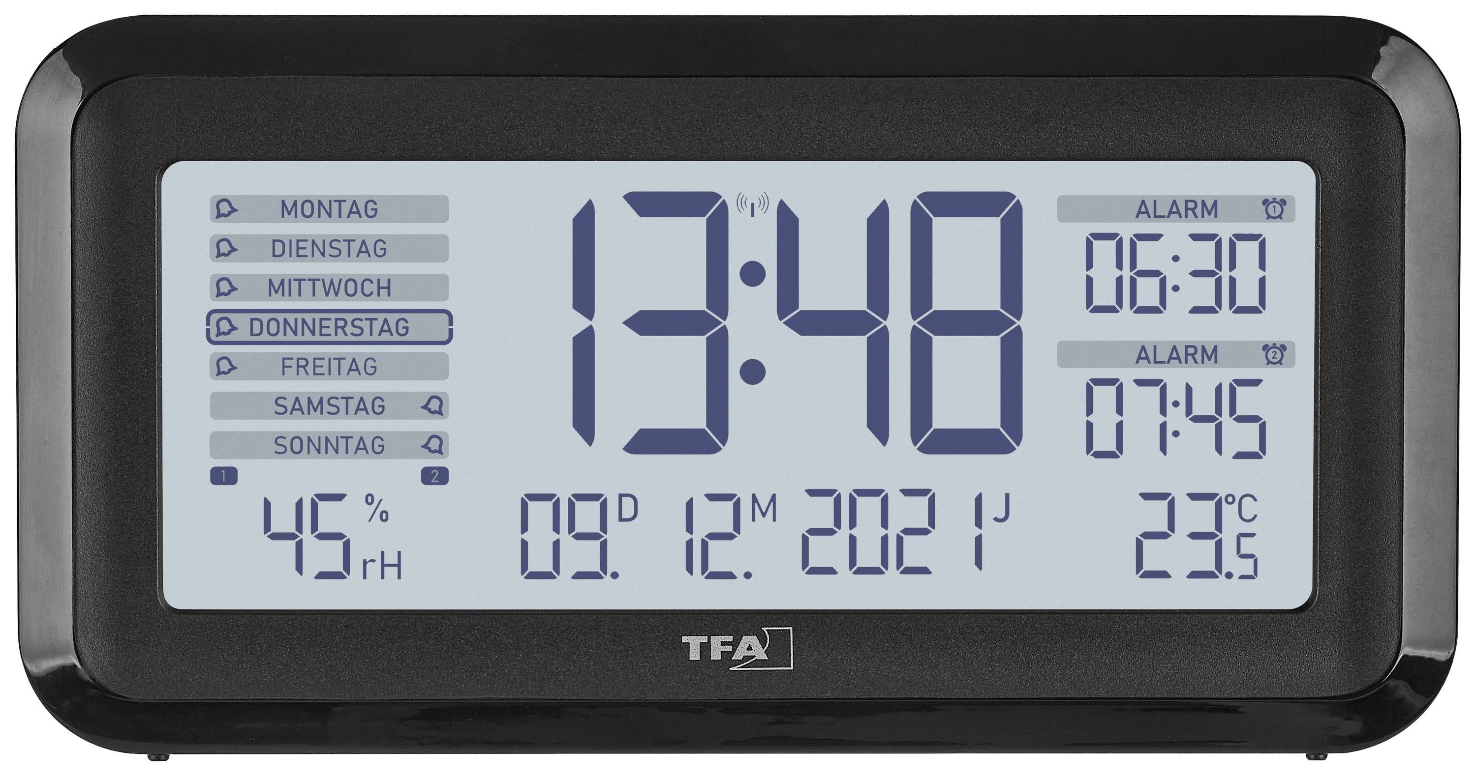 TFA Dostmann 60.2562.01 Funk Wecker Schwarz, Silber Alarmzeiten 2 Großes Display