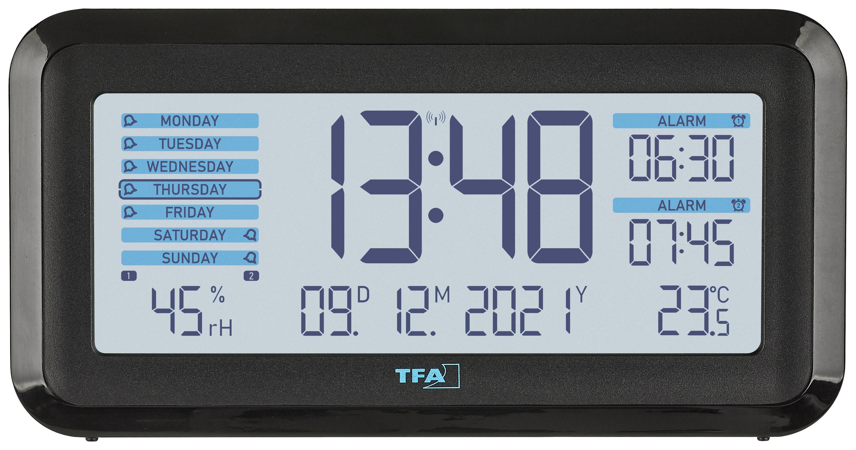 TFA Dostmann 60.2562.01.GB Funk Wecker Schwarz, Hellblau Alarmzeiten 2 Großes Display