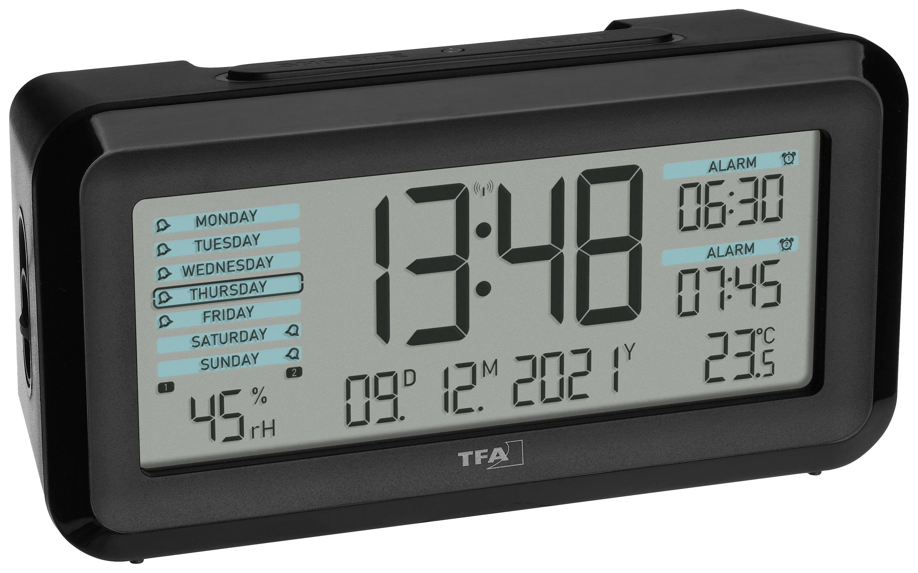 TFA Dostmann 60.2562.01.GB Funk Wecker Schwarz, Hellblau Alarmzeiten 2 Großes Display