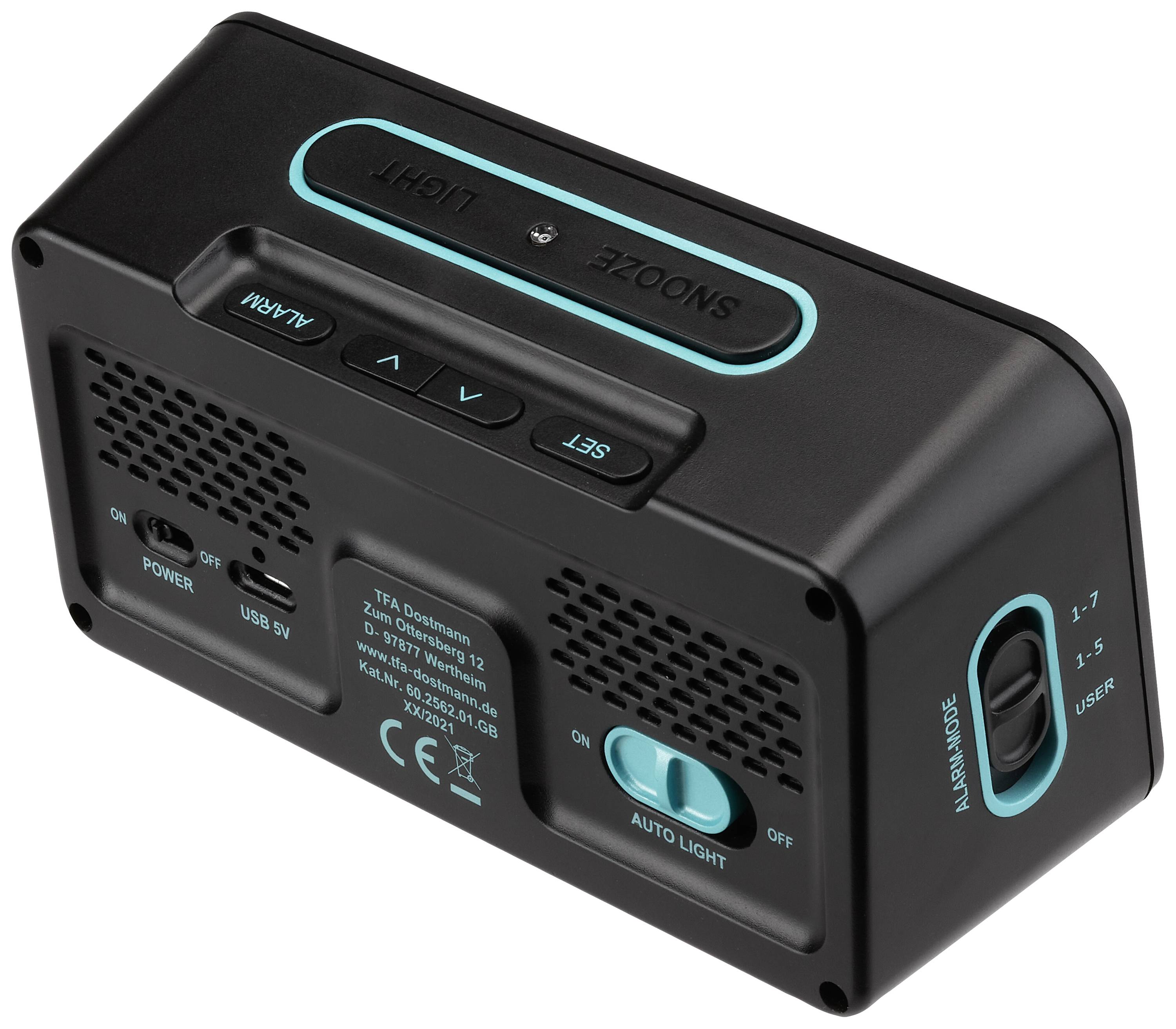 TFA Dostmann 60.2562.01.GB Funk Wecker Schwarz, Hellblau Alarmzeiten 2 Großes Display