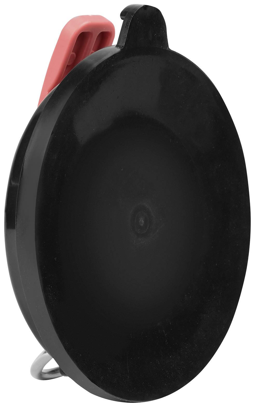 Schwarze runde Spule mit rotem Clip, vermutlich ein Zubehörteil oder Werkzeug.