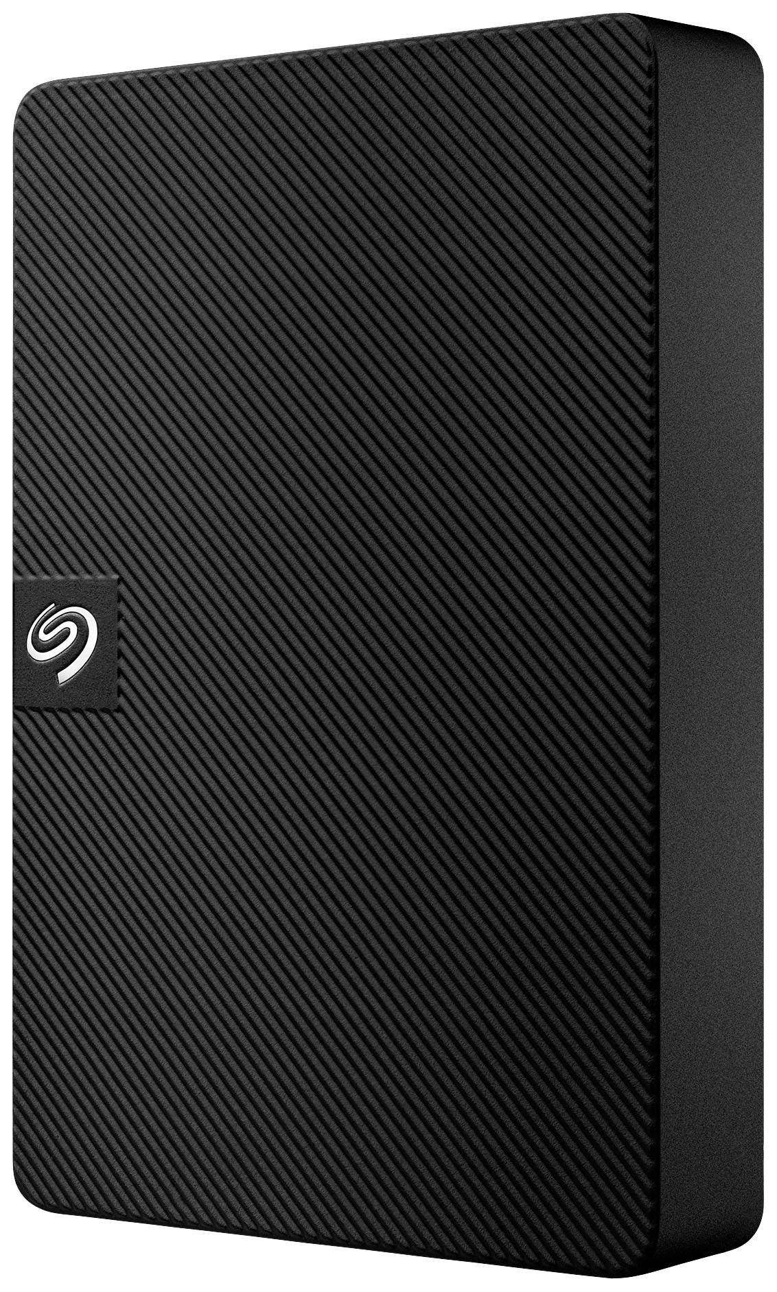 Externe schwarze Festplatte mit geriffelter Oberfläche und Seagate-Logo, zur Datenspeicherung.