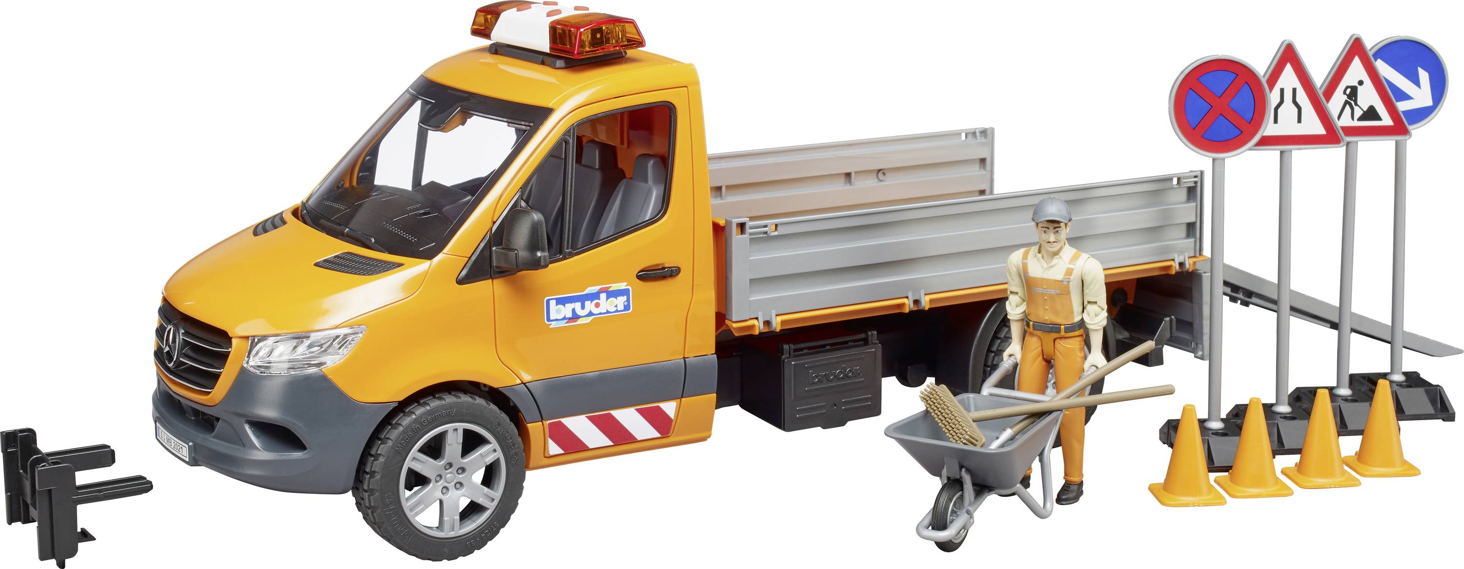 Ein Spielzeug-LKW mit Ladefläche, Verkehrsschildern, Pylonen und einer Figur in Arbeitskleidung, passend zum Thema Straßenbau.