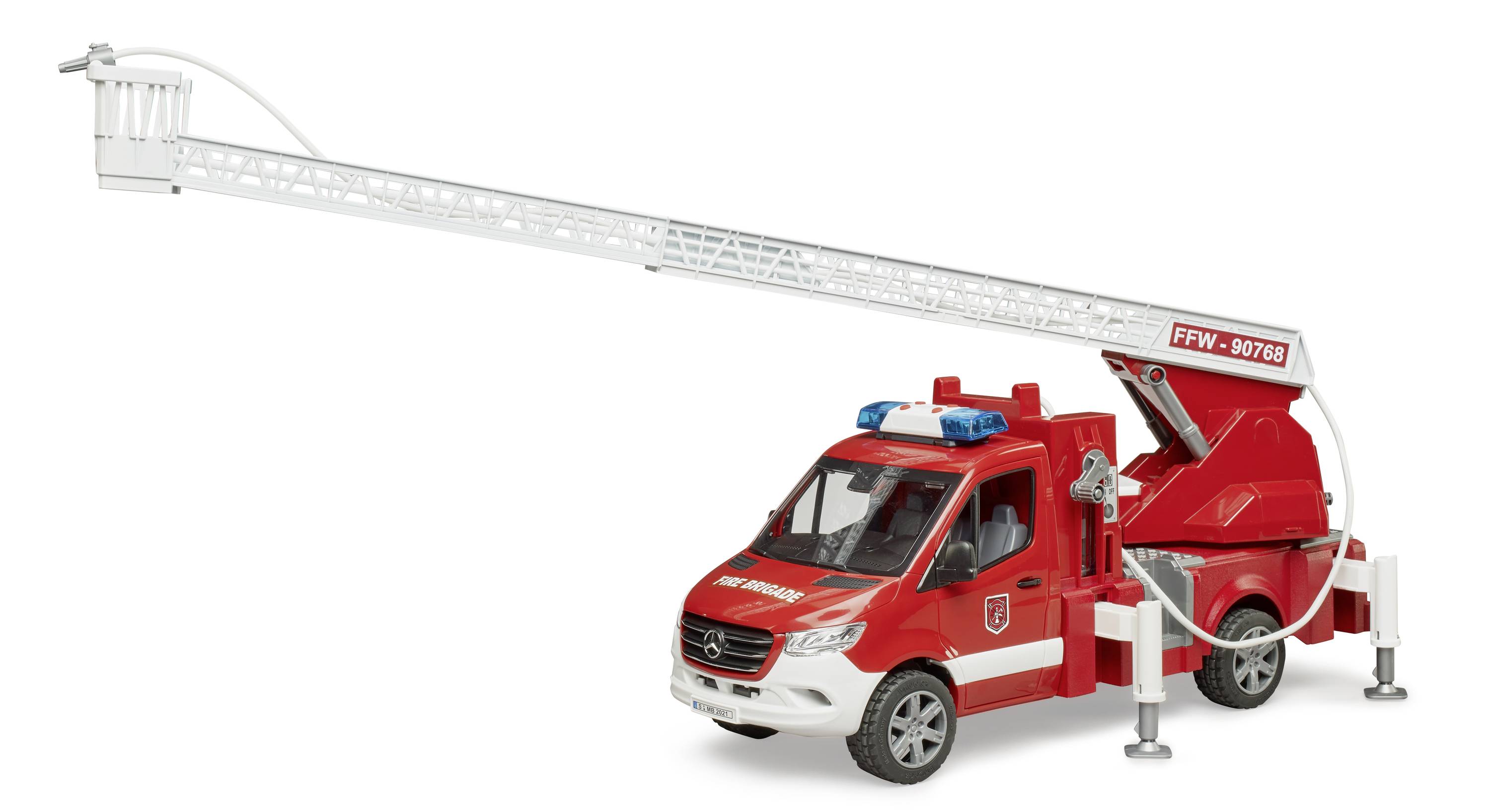 Spielzeug-Feuerwehrwagen mit ausziehbarer Leiter und Korb. Rot mit weißen Details und blauen Lichtern.