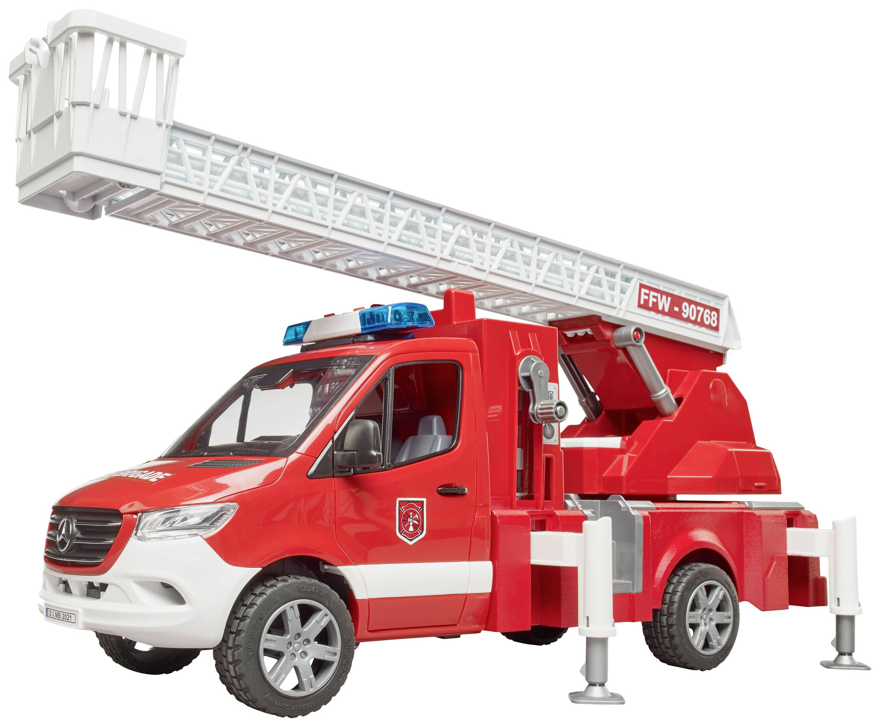 Ein rotes Spielzeug-Feuerwehrauto mit ausgefahrenem Leiterwagen, blaulichtblitzend.