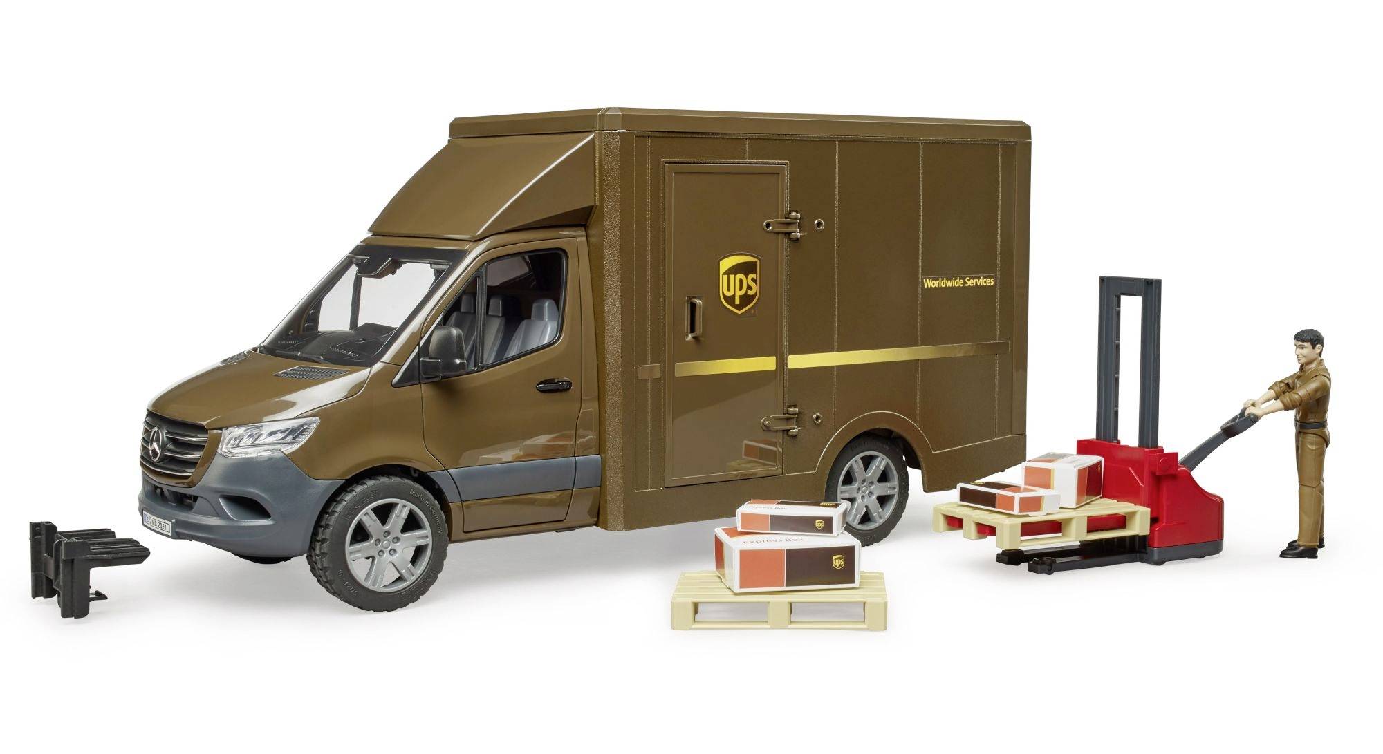 Ein braun lackiertes Modellfahrzeug von UPS mit einer seitlichen Tür. Daneben ein Palettenhubwagen, beladen mit Paketen und einer kleinen Figur.