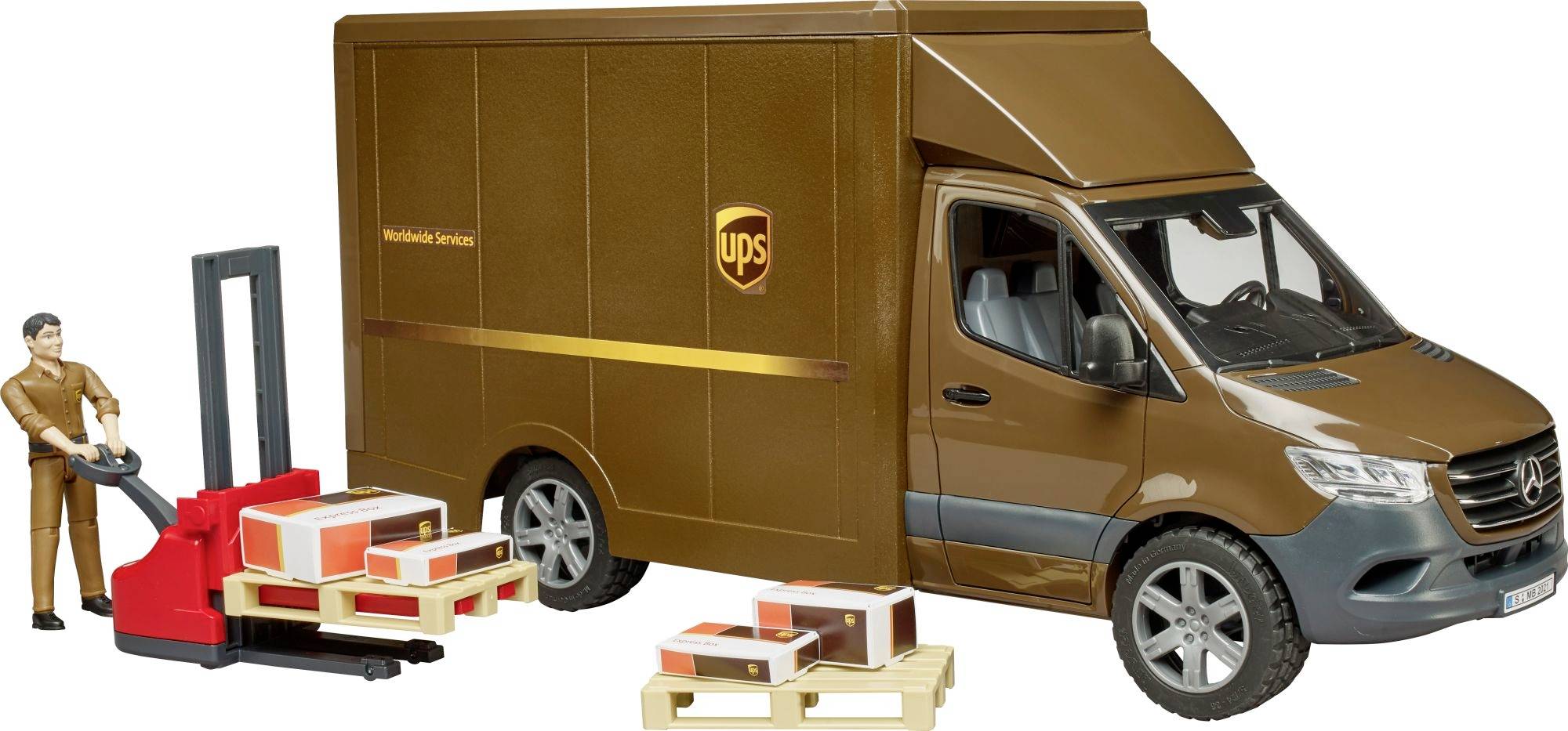 Ein brauner Lieferwagen mit 'UPS'-Logo und einem Fahrer, der Kartons auf einer Palette mit einem Hubwagen transportiert.