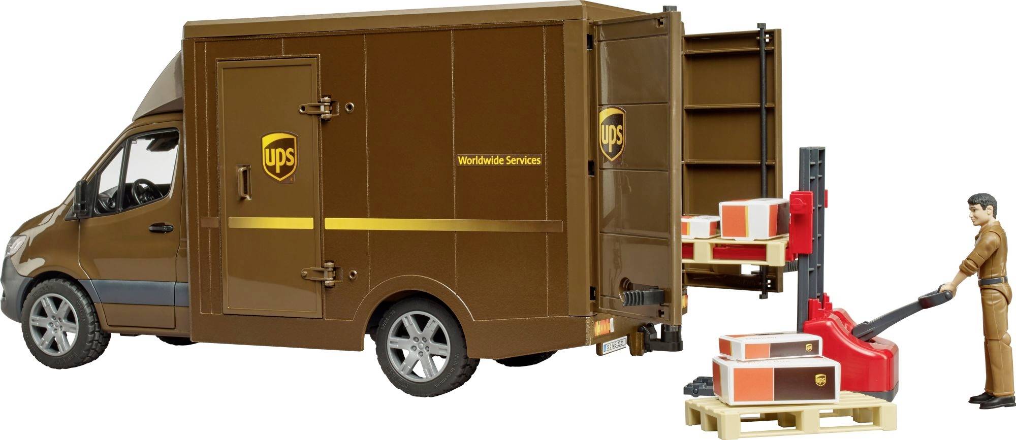 Ein UPS-Lieferwagen wird von einem Mitarbeiter mit einem Gabelstapler beladen. Kartons werden auf die Ladefläche transportiert.