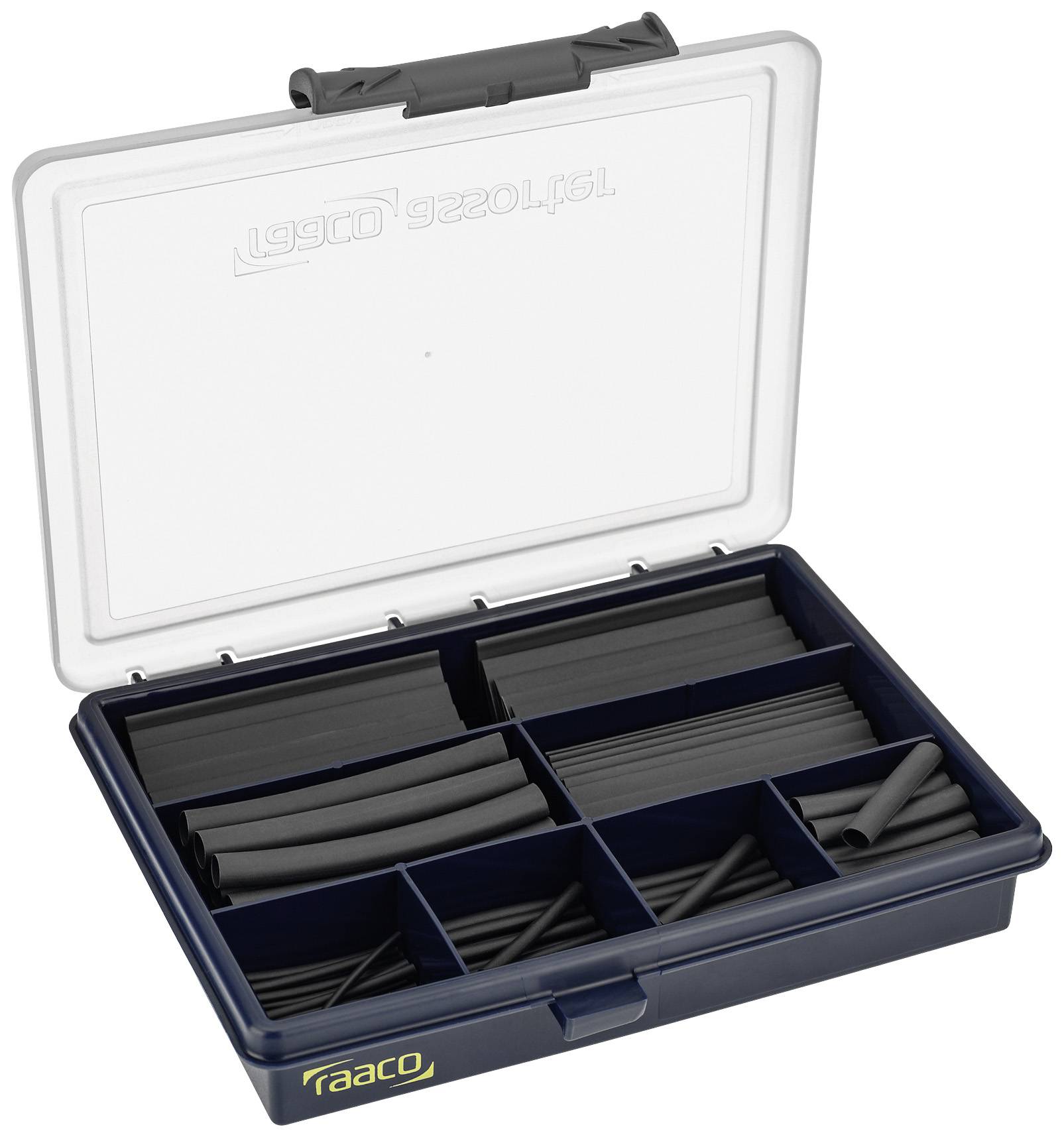 Ein offener Kunststoffsortimentskasten mit mehreren Fächern, die verschiedene schwarze Kunststoffschrumpfschläuche enthalten.