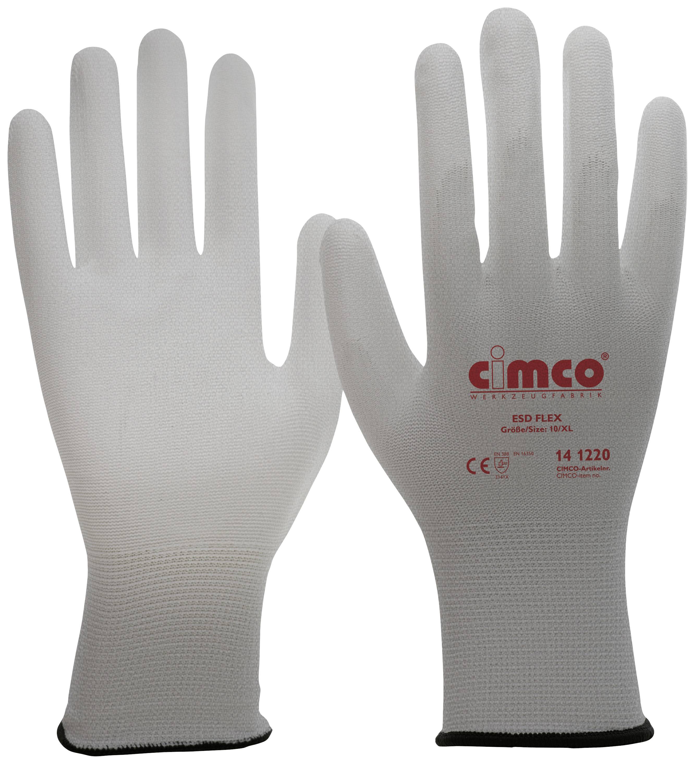 Zwei weiße Schutzhandschuhe mit einem Logo 'cimco', geeignet für elektrostatische Entladung (ESD Flex); für Montagearbeiten.