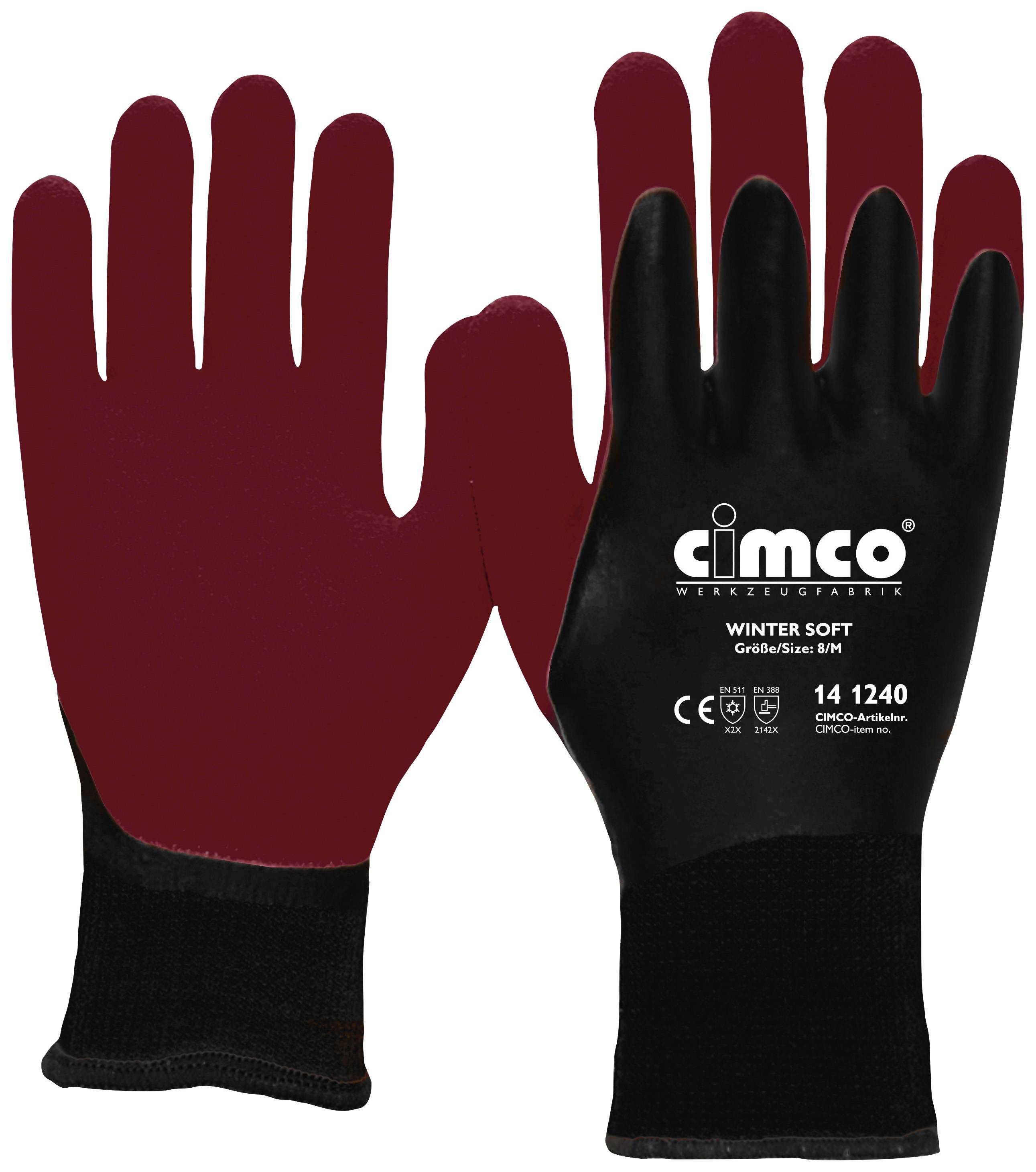 Zwei rote und schwarze Winterhandschuhe der Marke Cimco mit der Aufschrift 'Winter Soft Größe M', geeignet für kalte Bedingungen.