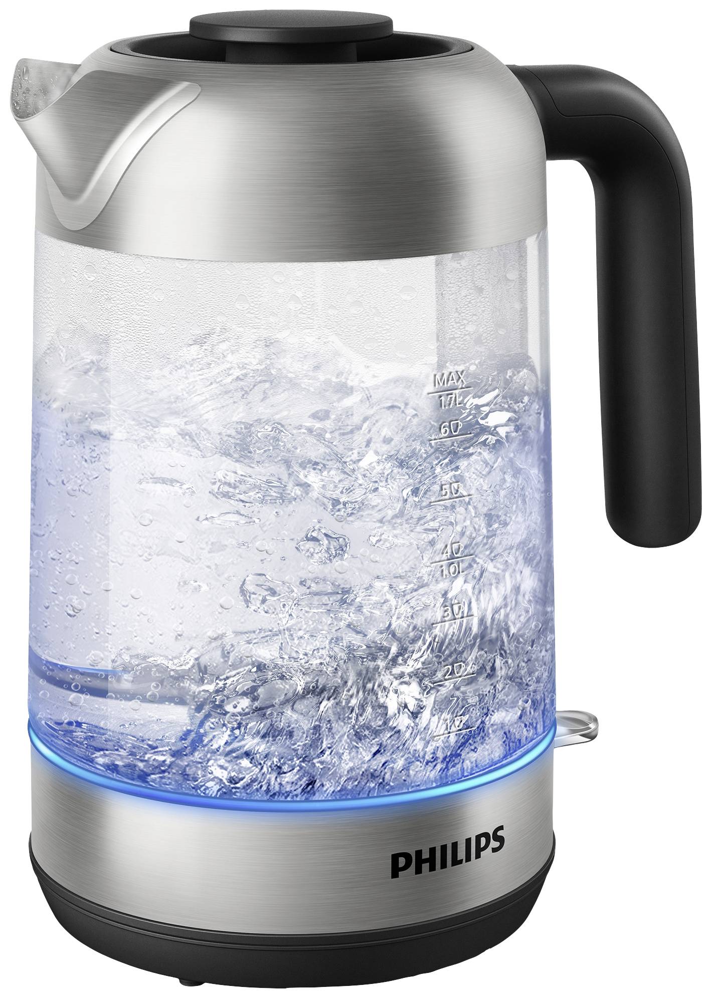 Ein moderner Wasserkocher aus Edelstahl und Glas kocht Wasser. Blasen sind sichtbar, um den Kochvorgang anzuzeigen.